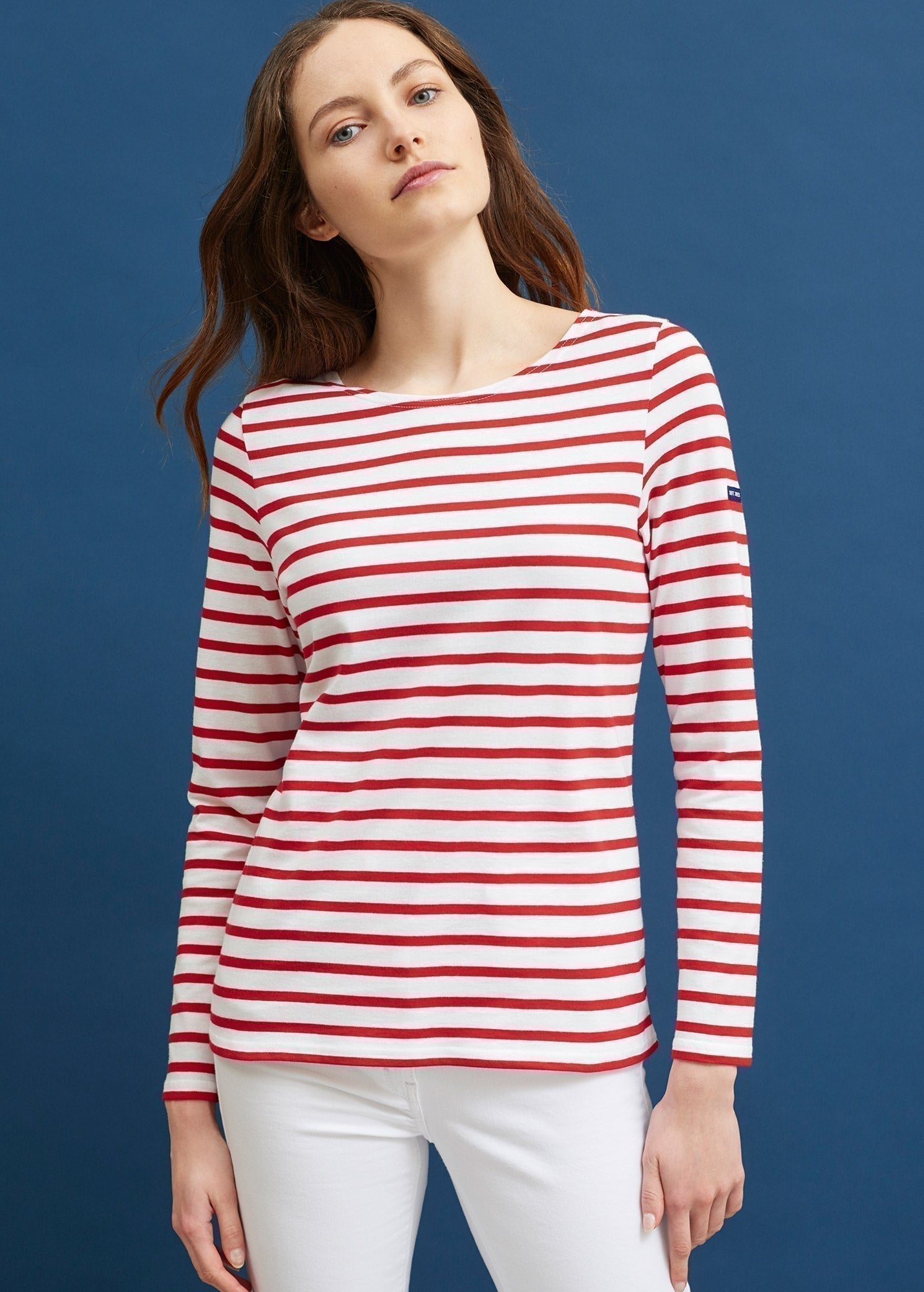 Saint James Minquidame Breton Striped Shirt With Long Sleeve Soft Cotton Women Fit White Red