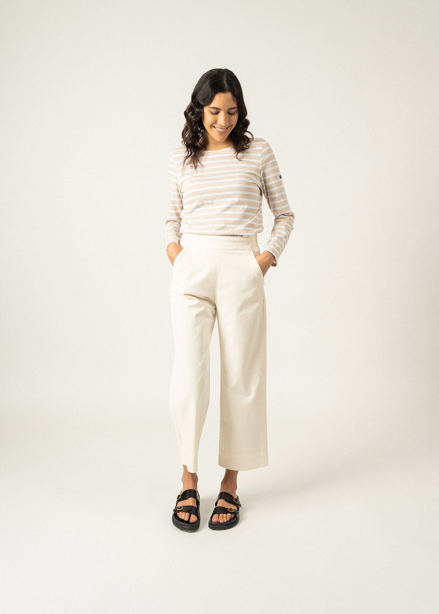 Saint James Minquidame Breton Striped Shirt With Long Sleeve Soft Cotton Women Fit Oatmeal White