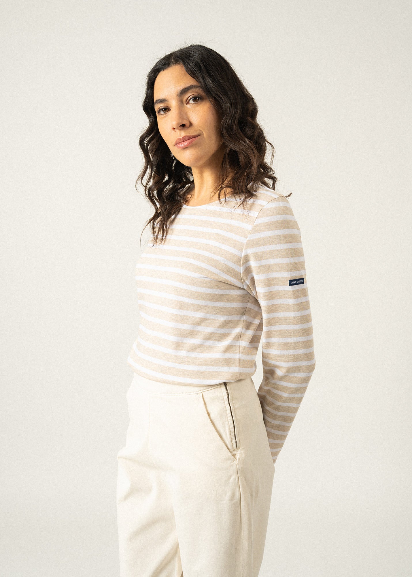 Saint James Minquidame Breton Striped Shirt With Long Sleeve Soft Cotton Women Fit Oatmeal White