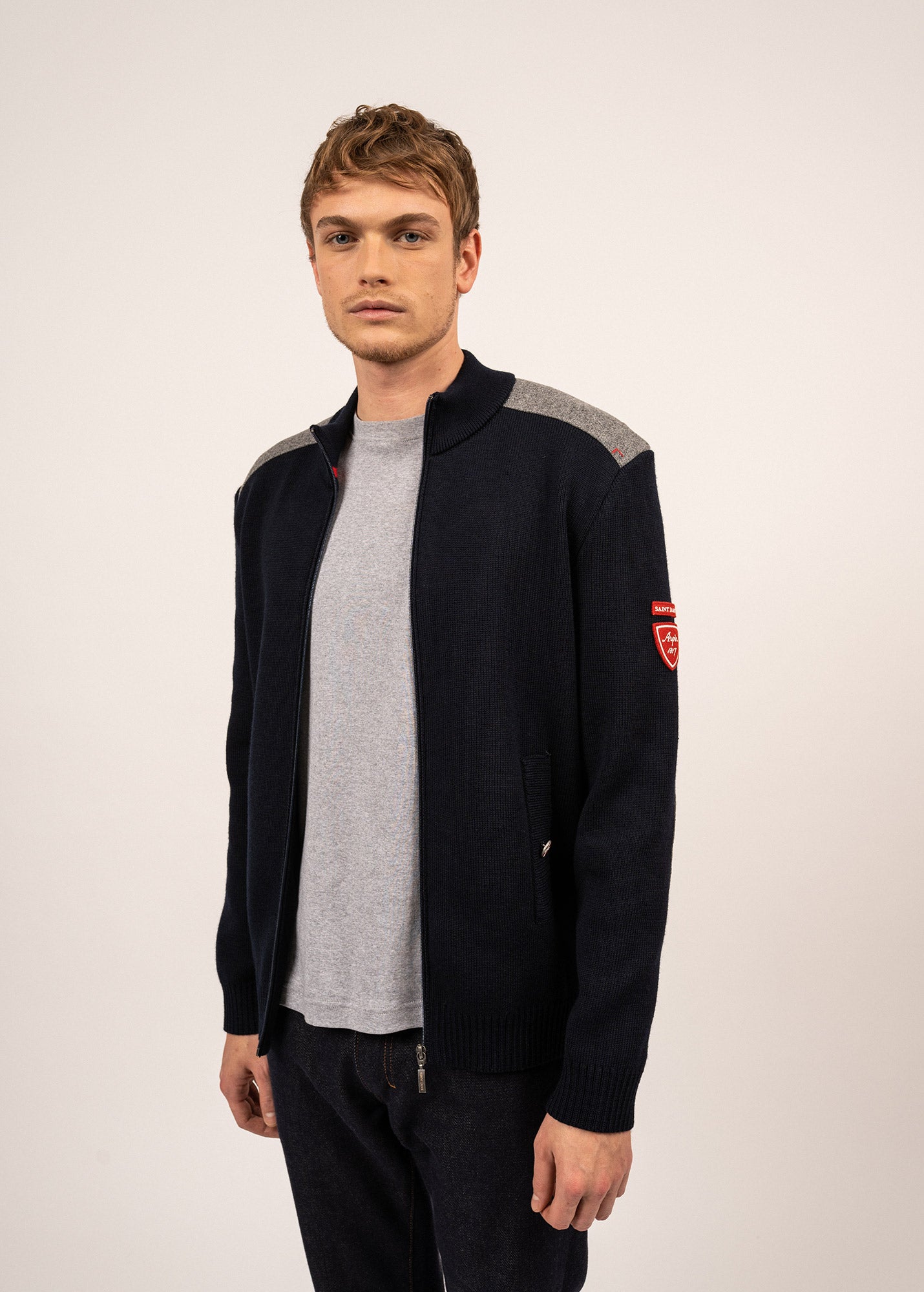 Saint James Serac Arpin Wool Knit Jacket With Zip Navy