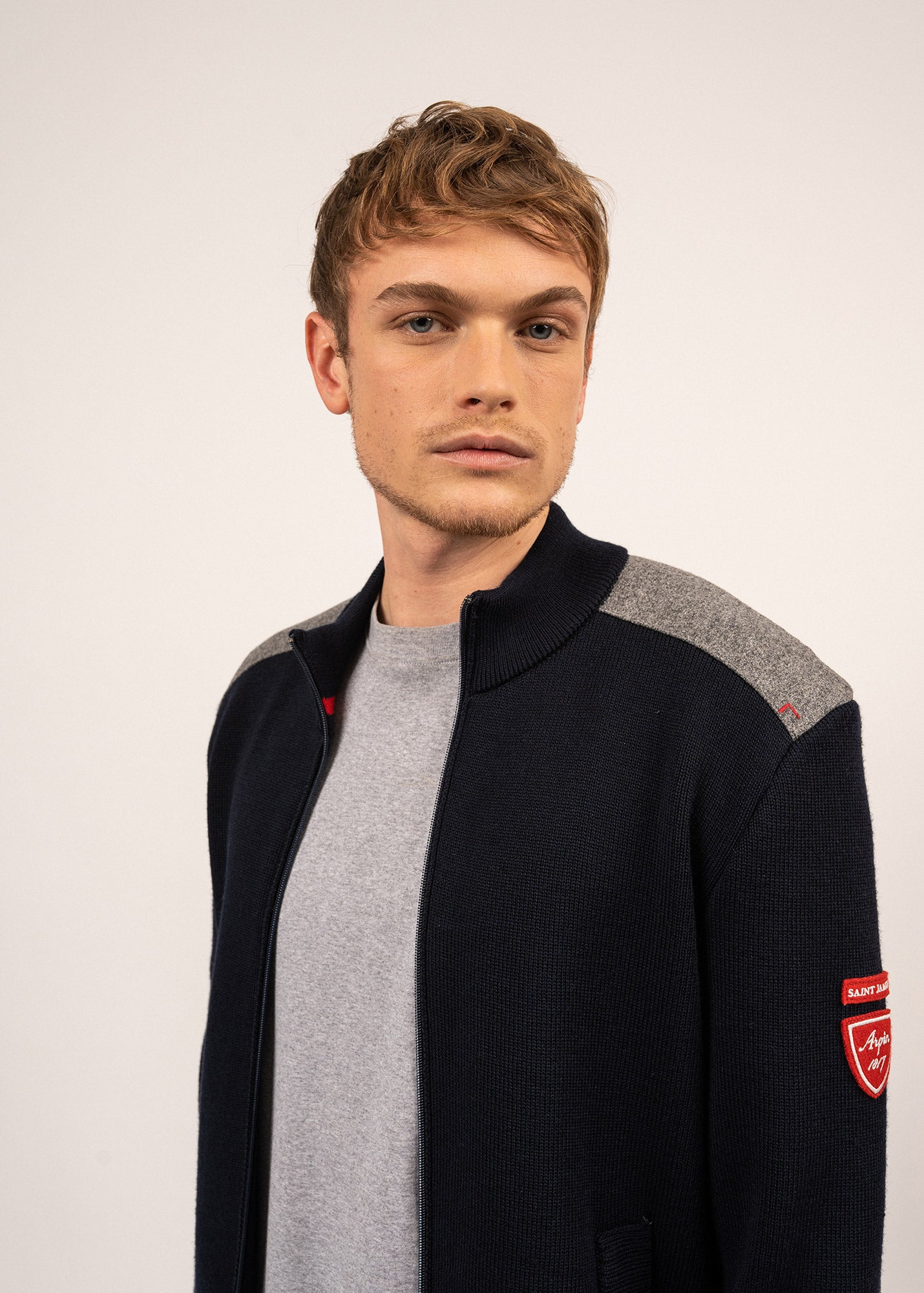 Saint James Serac Arpin Wool Knit Jacket With Zip Navy
