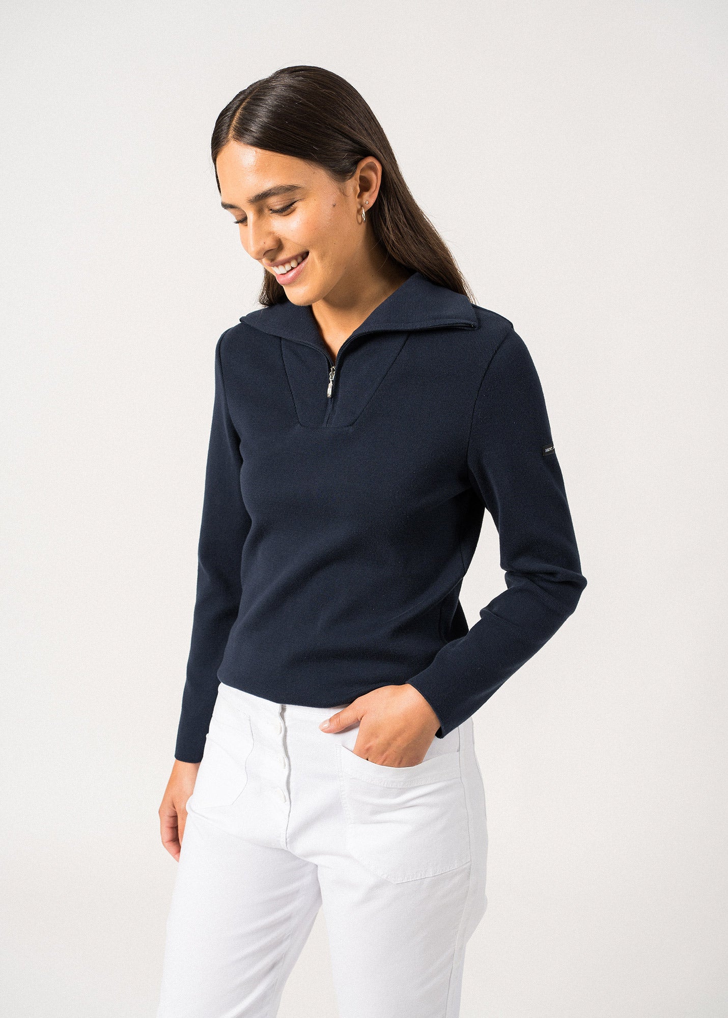 Saint James Passerelle Cotton Trucker Sweater For Women Navy