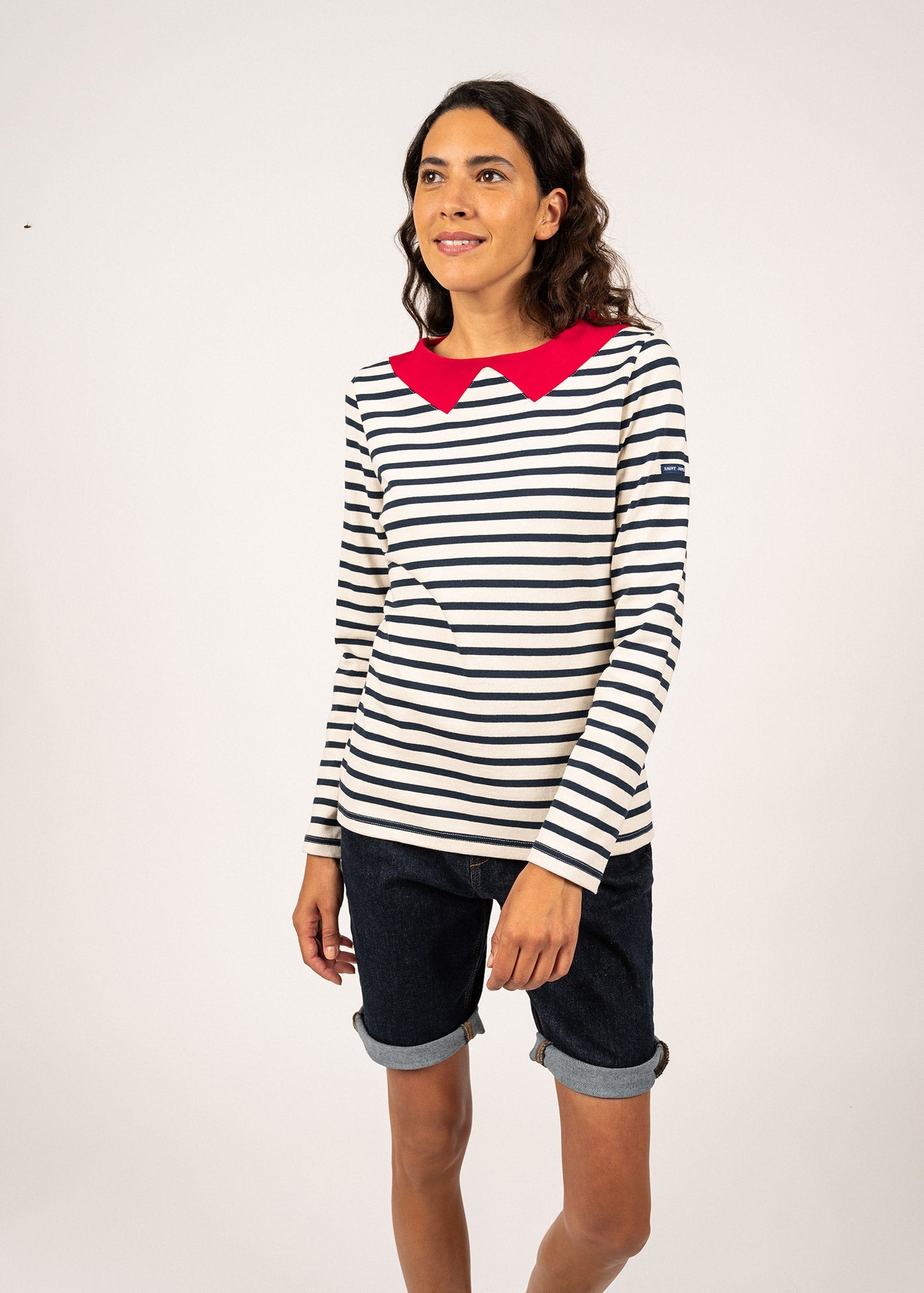 Saint James VIRE - Breton Striped Shirt with Collar for Women| Heavyweight Cotton (ECRU / NAVY / RED)