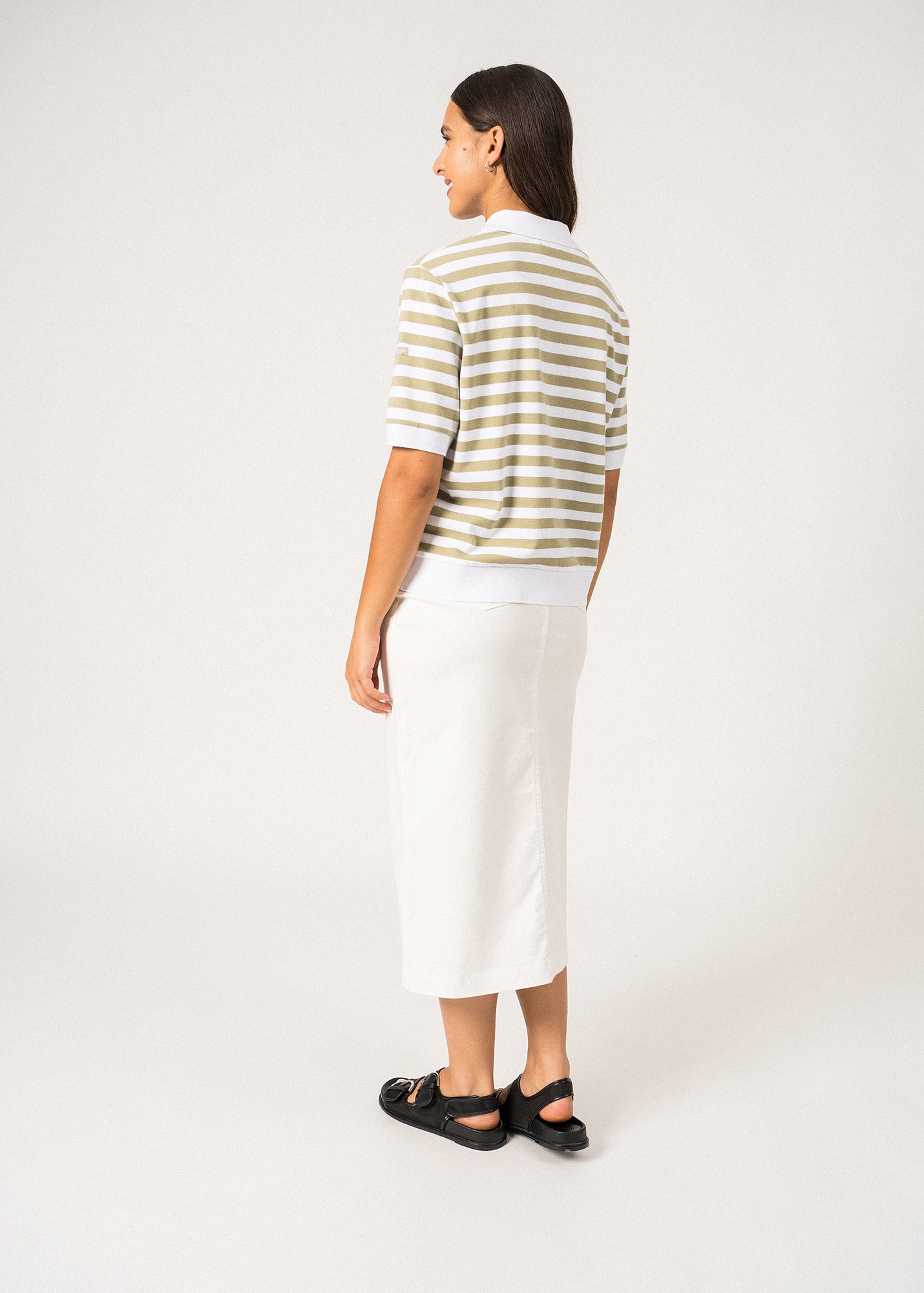 Saint James Carola Striped Cotton Polo Shirt White Soft Almond