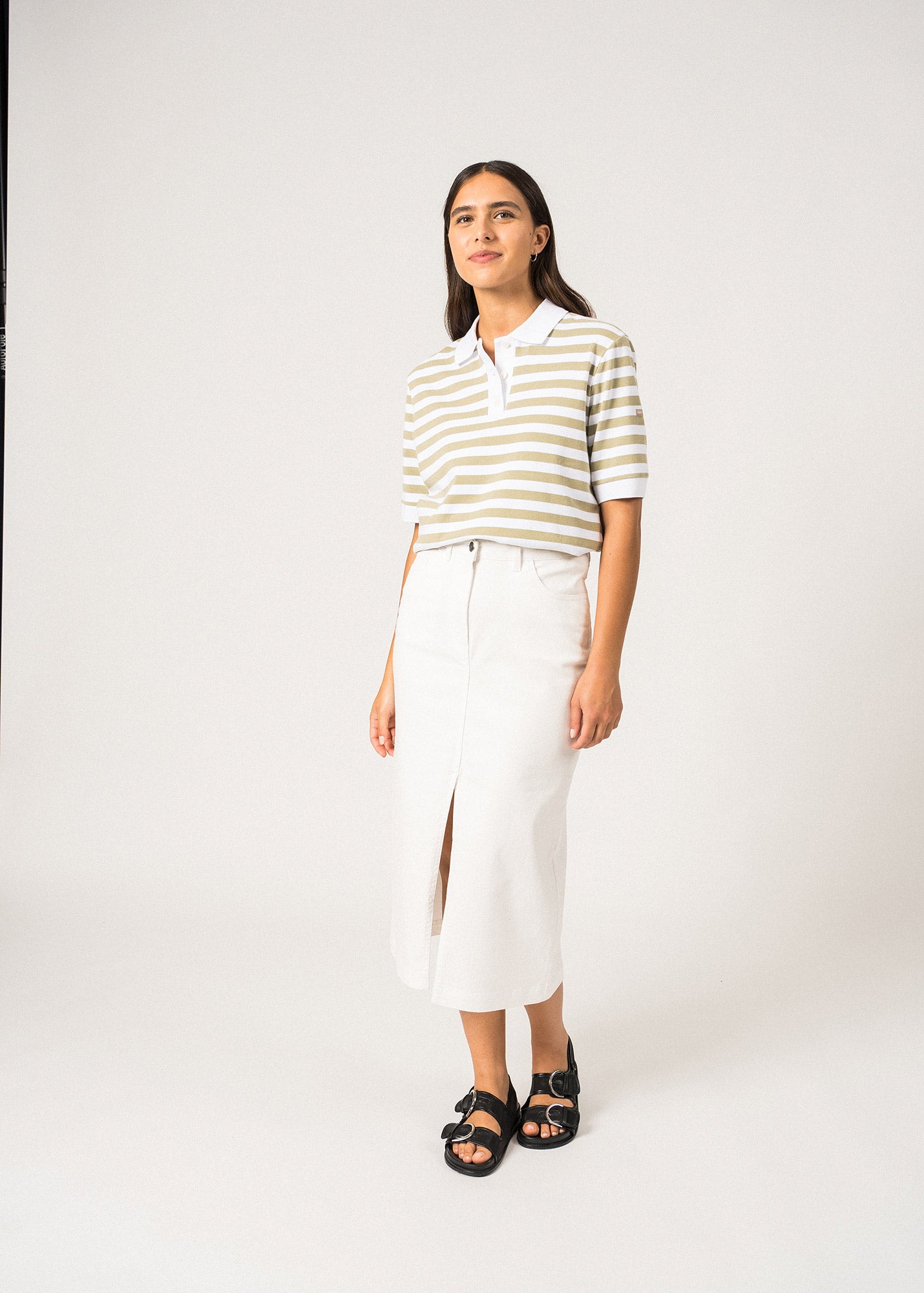 Saint James Carola Striped Cotton Polo Shirt White Soft Almond