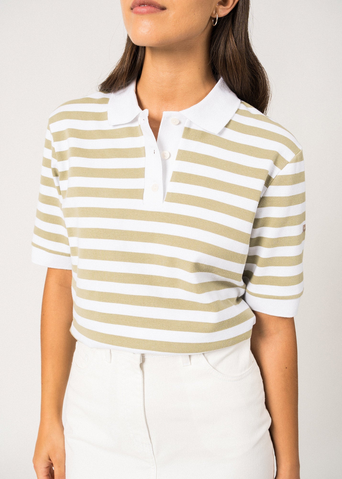 Saint James Carola Striped Cotton Polo Shirt White Soft Almond