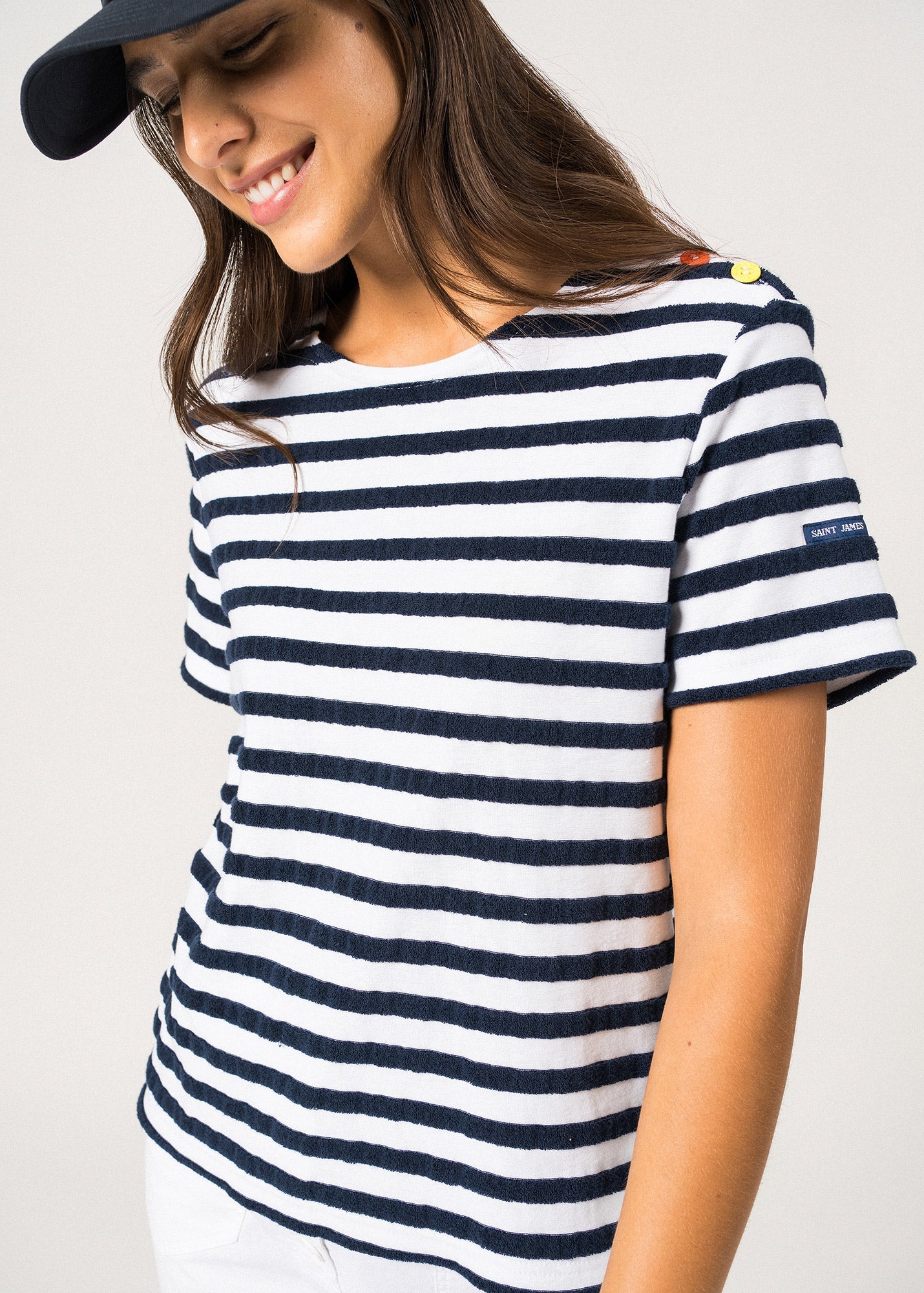 Saint James Ollioules Short Sleeved Breton Tee With Bouclé Stripes And Colored Shoulder Buttons Soft Cotton Women Comfort Fit White Navy