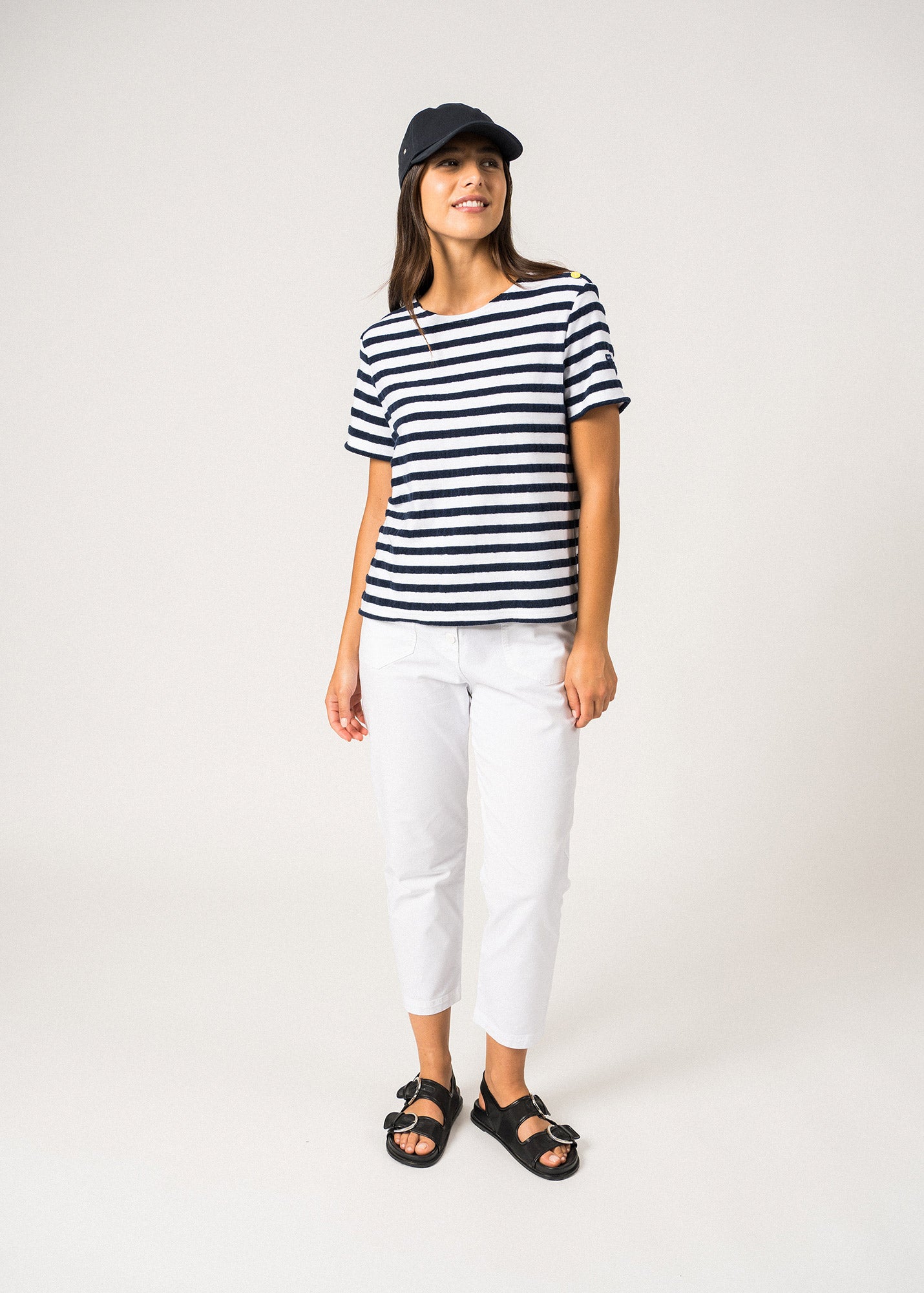 Saint James Ollioules Short Sleeved Breton Tee With Bouclé Stripes And Colored Shoulder Buttons Soft Cotton Women Comfort Fit White Navy