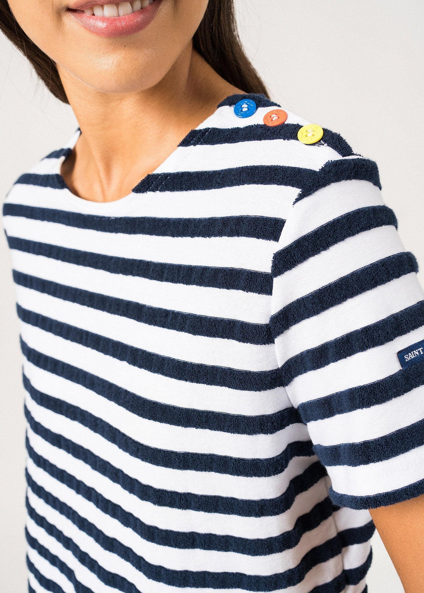 Saint James Ollioules Short Sleeved Breton Tee With Bouclé Stripes And Colored Shoulder Buttons Soft Cotton Women Comfort Fit White Navy
