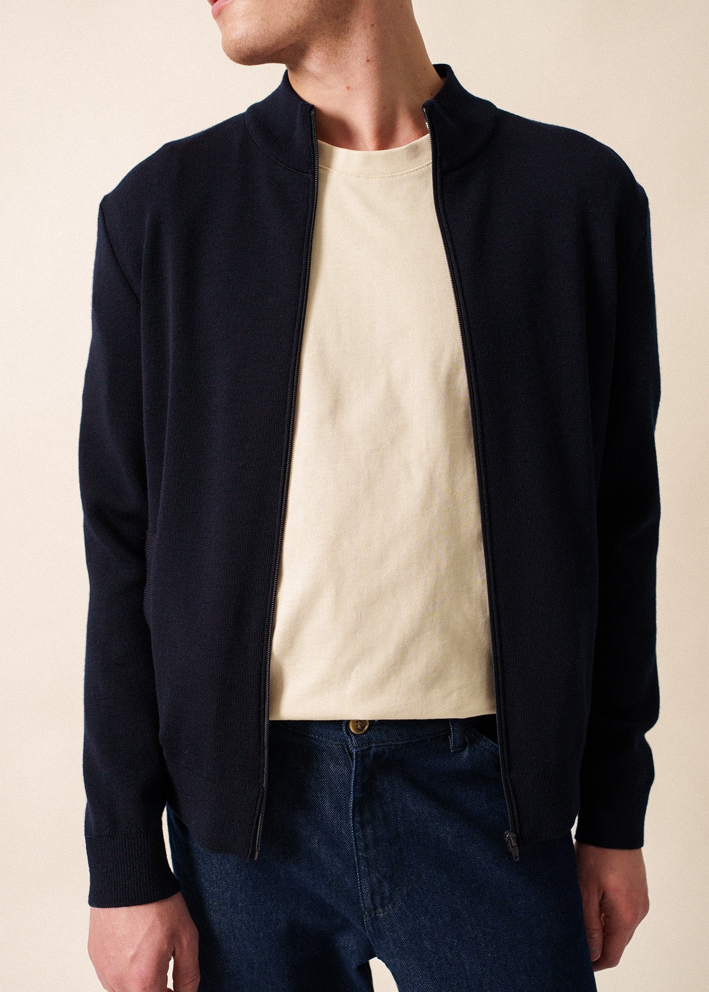 Saint James EQUIPAGE - Zip-Up Wool Cardigan with Elbow Accents (NAVY)