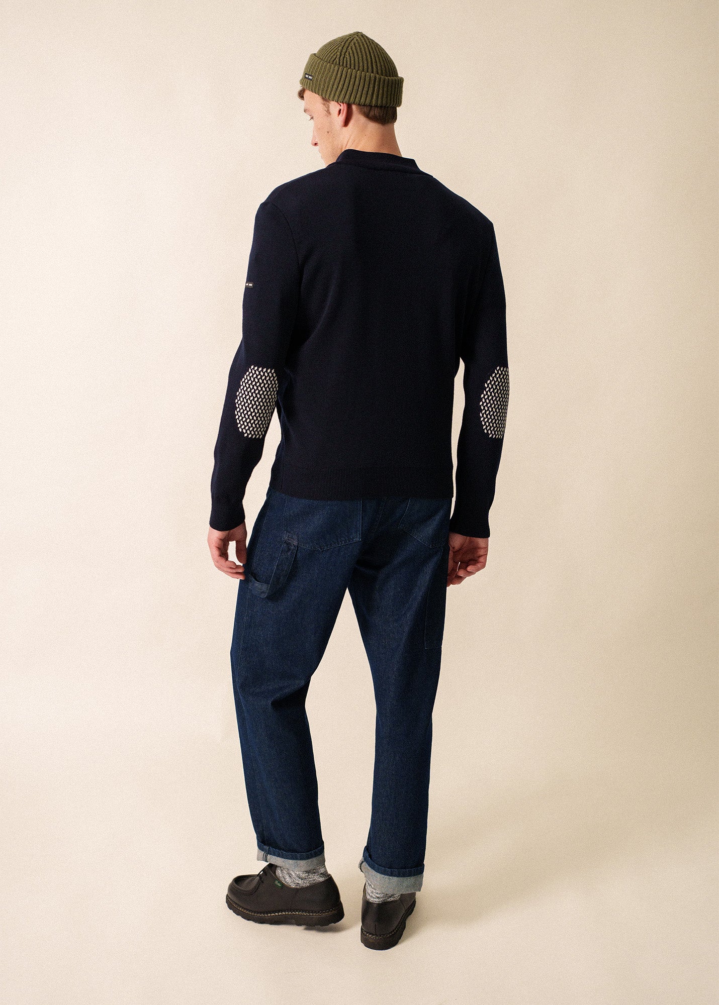 Saint James EQUIPAGE - Zip-Up Wool Cardigan with Elbow Accents (NAVY)