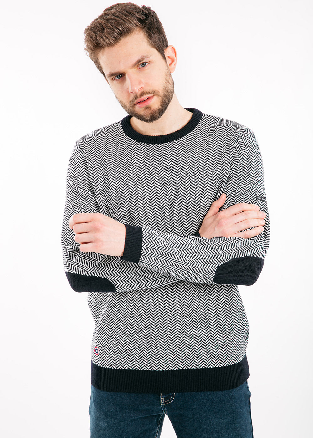 Saint James Jubile Herringbone Jacquard Sweater With Elbow Patches Navy Ivory