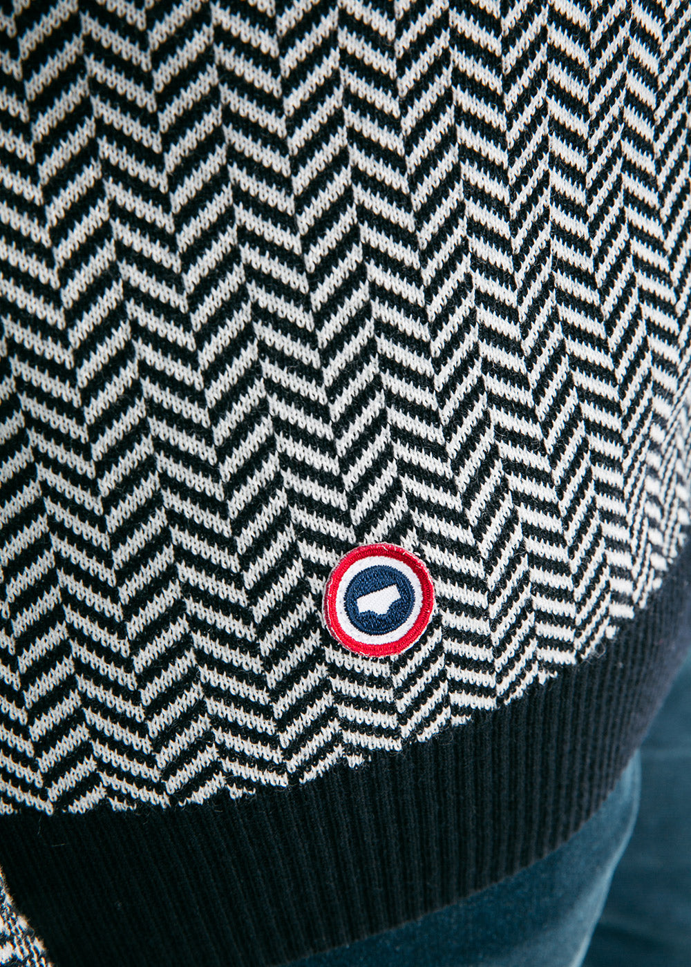 Saint James Jubile Herringbone Jacquard Sweater With Elbow Patches Navy Ivory