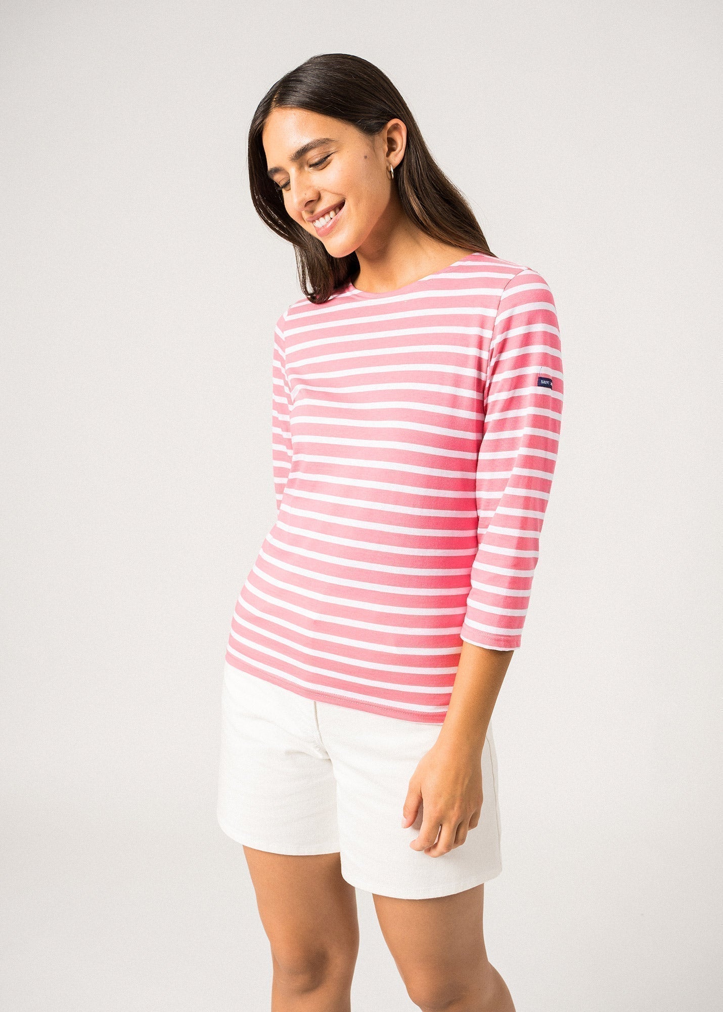 Saint James Galathee Ii Breton Striped Top With ¾ Sleeve Soft Cotton Women Fit Hot Pink White