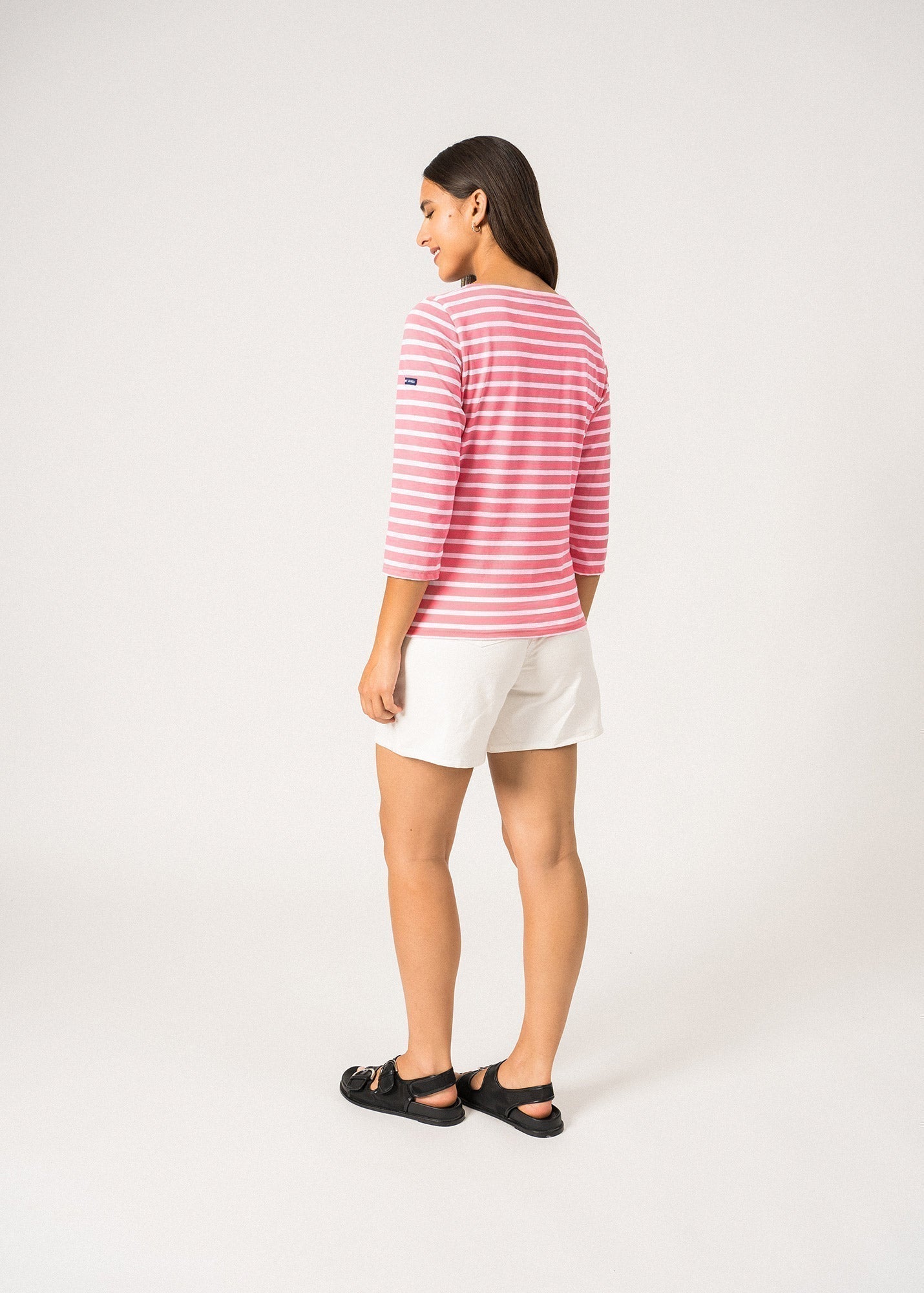 Saint James Galathee Ii Breton Striped Top With ¾ Sleeve Soft Cotton Women Fit Hot Pink White