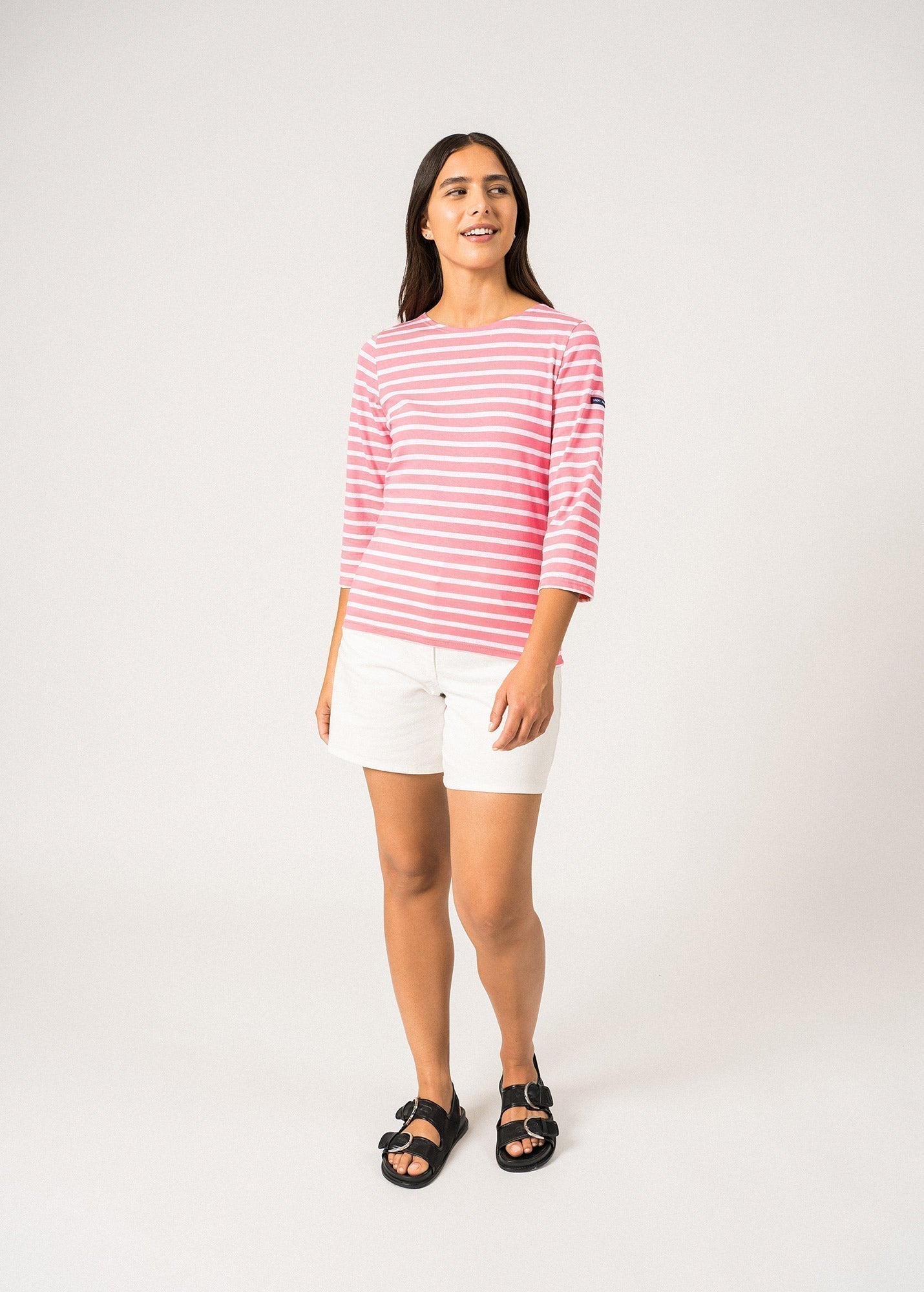 Saint James Galathee Ii Breton Striped Top With ¾ Sleeve Soft Cotton Women Fit Hot Pink White