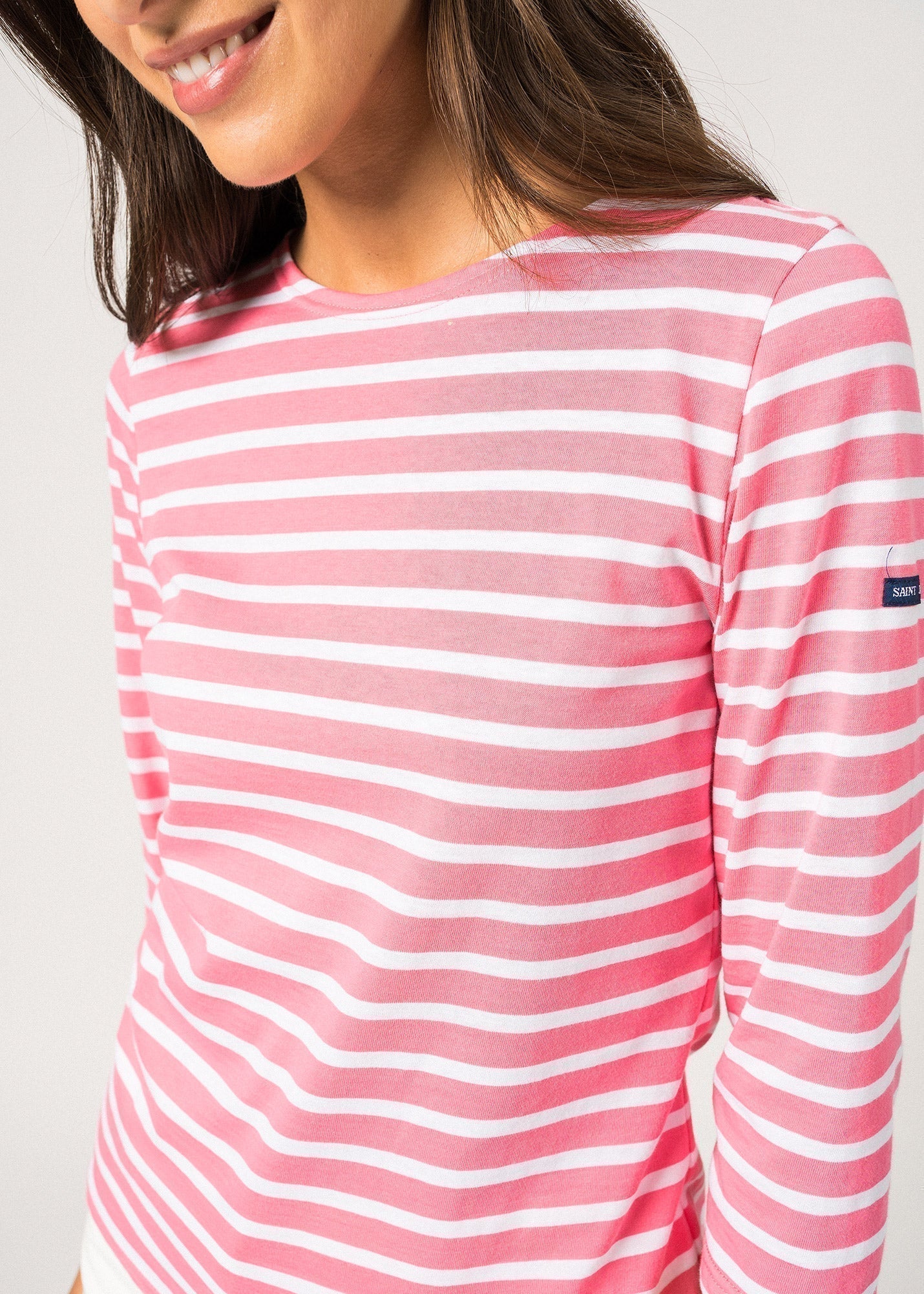 Saint James Galathee Ii Breton Striped Top With ¾ Sleeve Soft Cotton Women Fit Hot Pink White