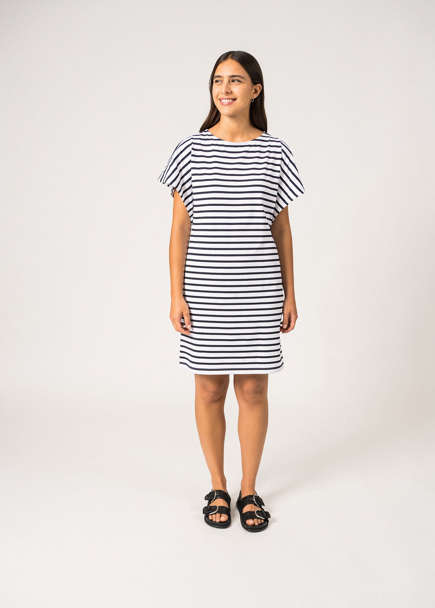 Saint James Cassis Nautical Stripe Dress With Batwing Sleeves Anti Uv Stretch Lightweight Fabric White Navy
