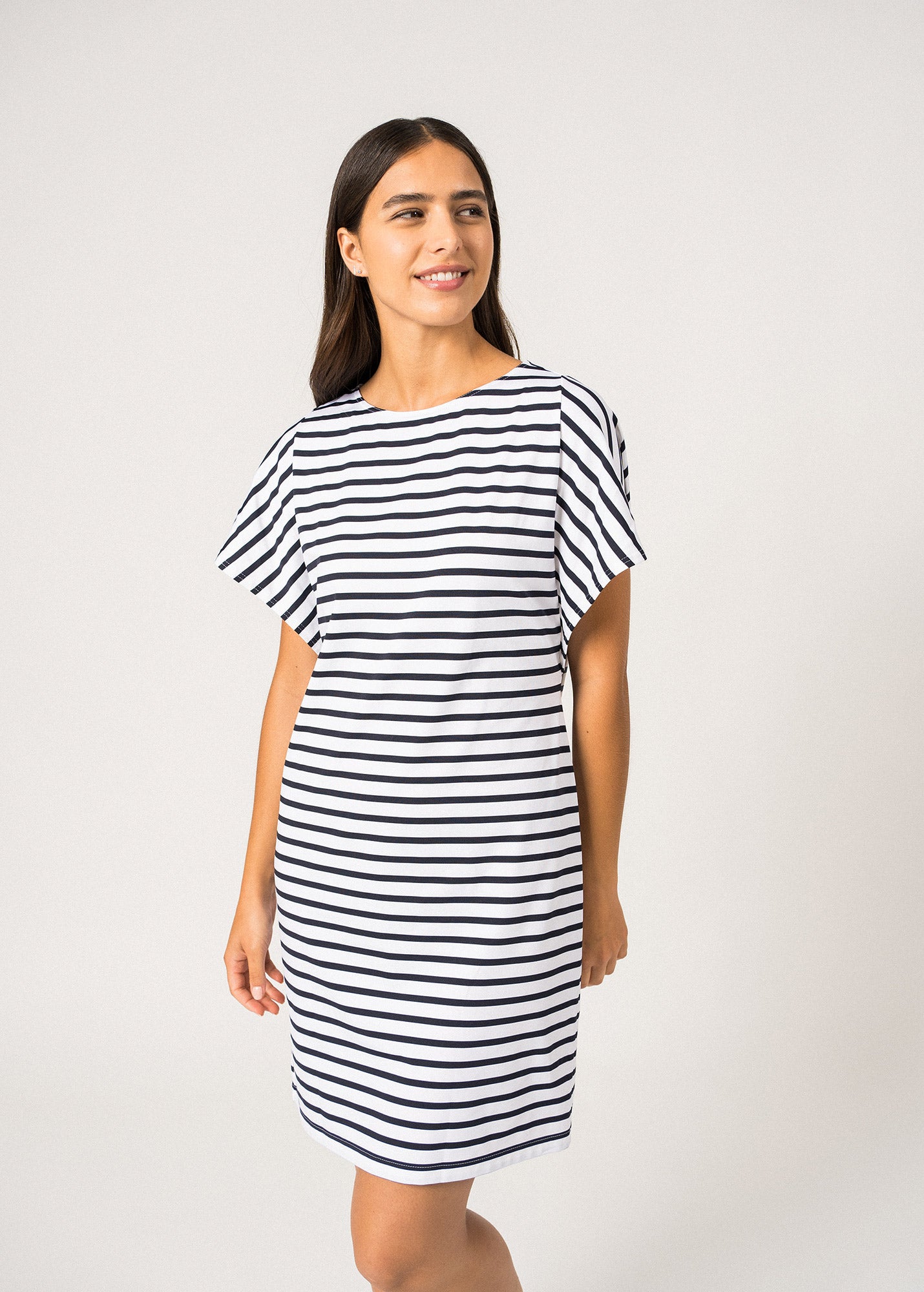 Saint James Cassis Nautical Stripe Dress With Batwing Sleeves Anti Uv Stretch Lightweight Fabric White Navy