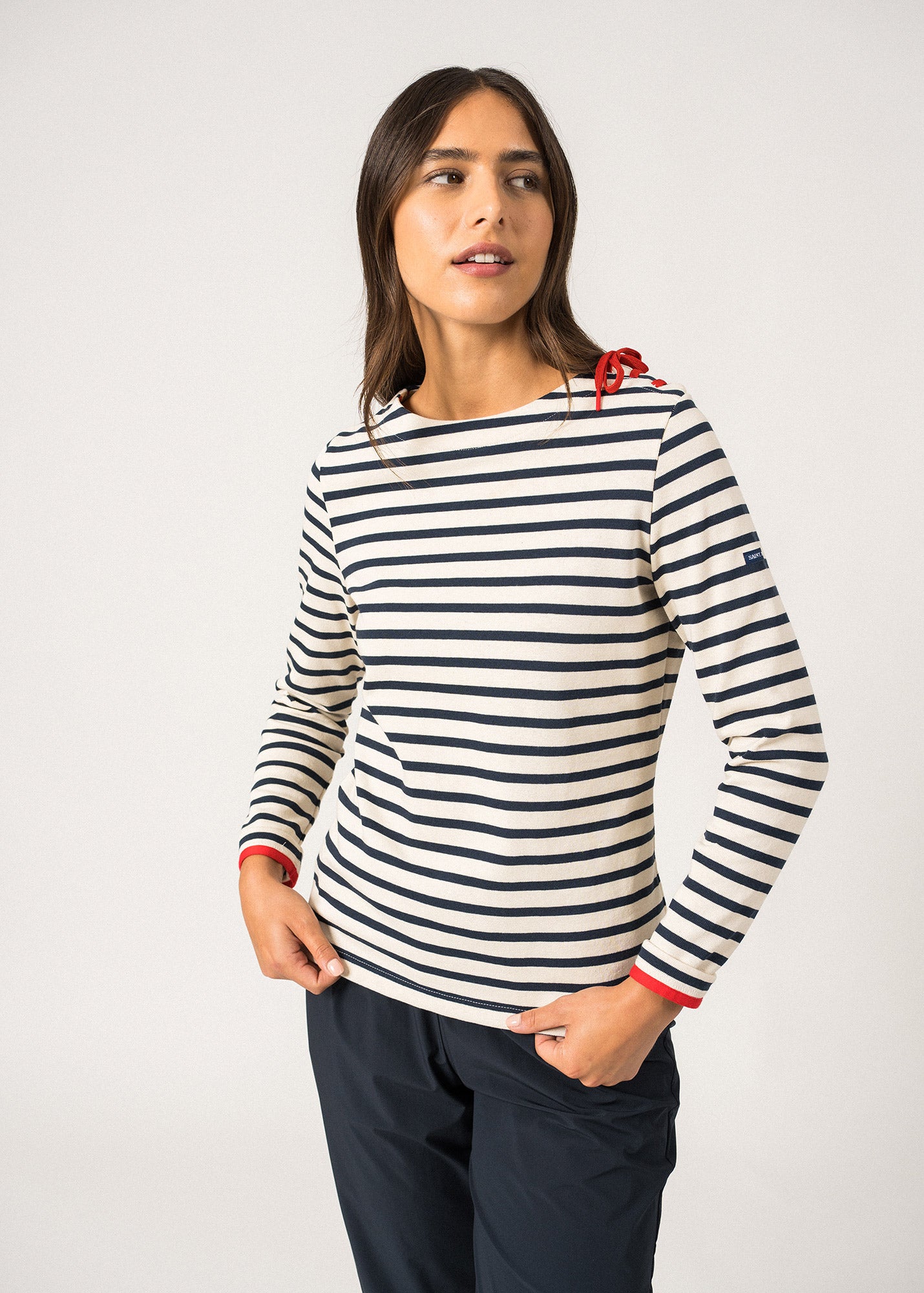 Saint James Cavalaire Breton Striped Shirt With Lace Detail For Women Heavyweight Cotton Ecru Navy Red