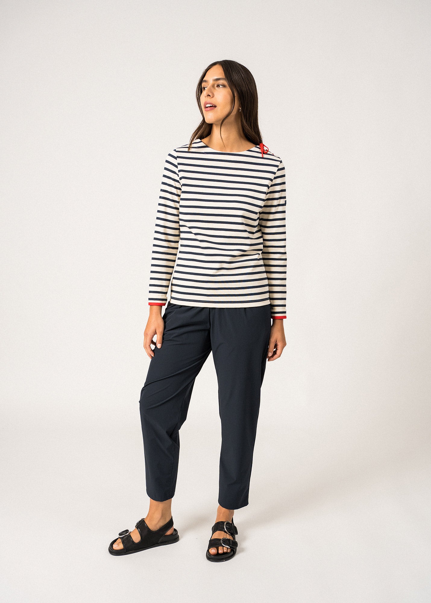 Saint James Cavalaire Breton Striped Shirt With Lace Detail For Women Heavyweight Cotton Ecru Navy Red