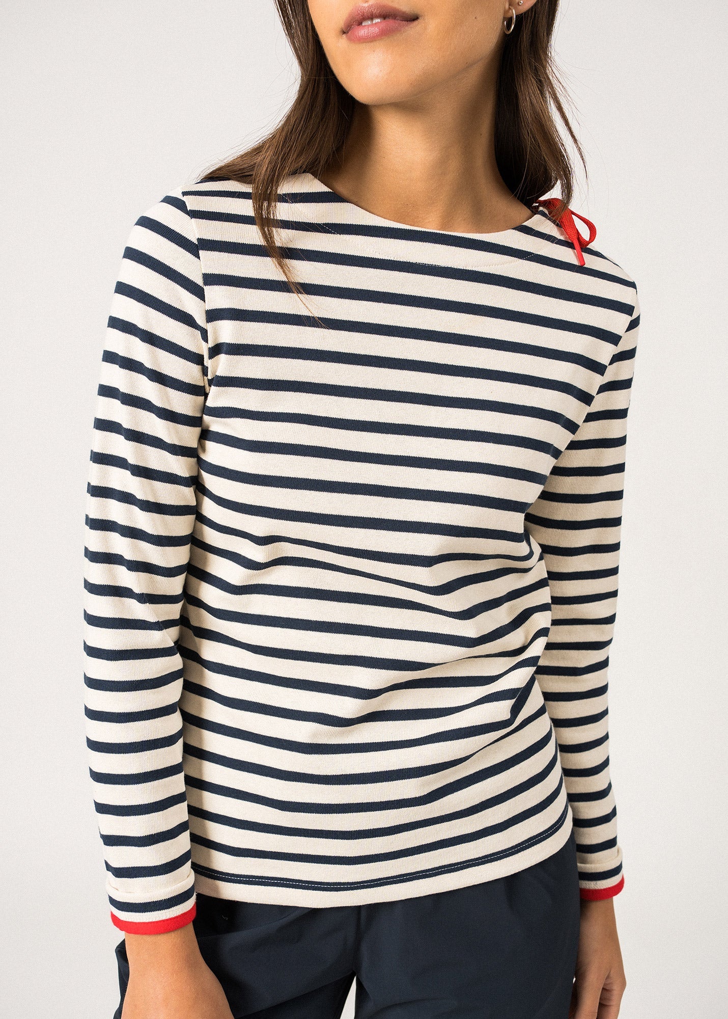 Saint James Cavalaire Breton Striped Shirt With Lace Detail For Women Heavyweight Cotton Ecru Navy Red