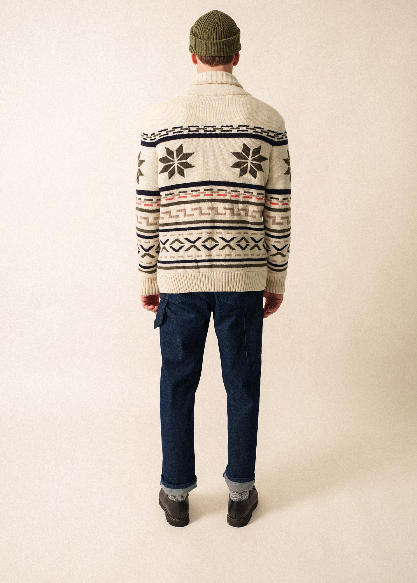 Saint James SION - Wool Shawl Collar Jacquard Cardigan (ECRU / MULTICO)