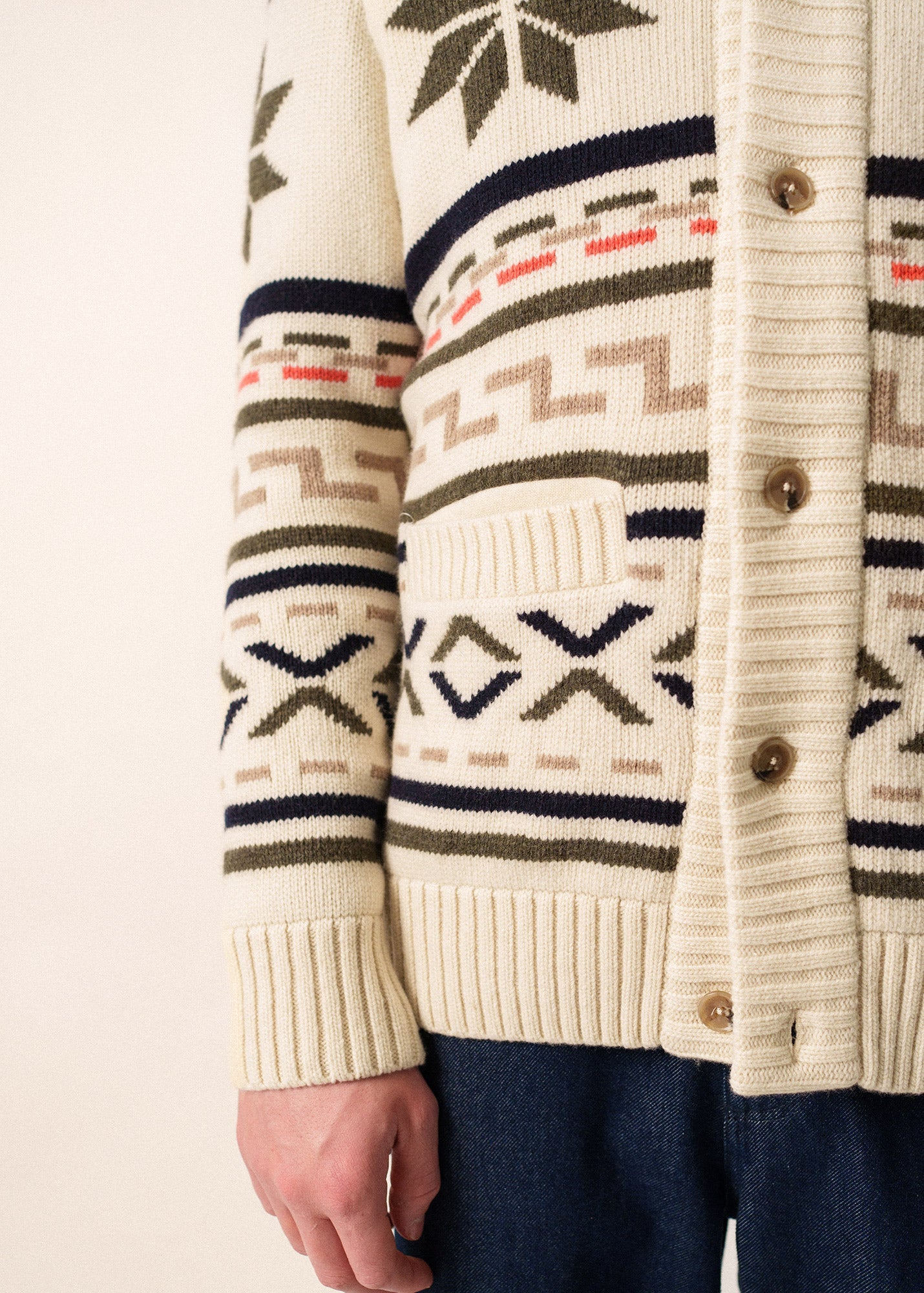 Saint James SION - Wool Shawl Collar Jacquard Cardigan (ECRU / MULTICO)