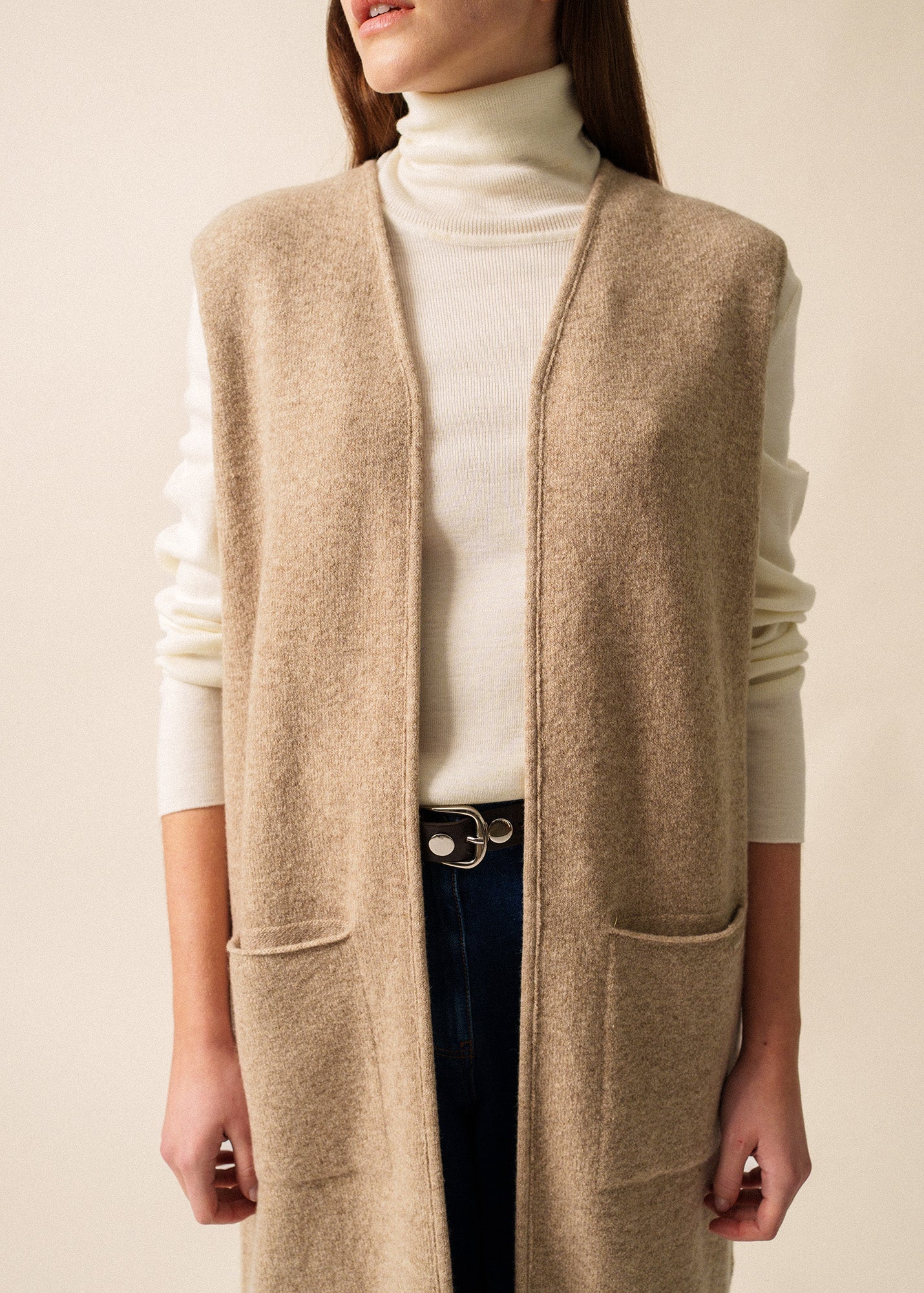 Saint James GENEVE - Long Open Knit Vest in Wool Blend (BEIGE)