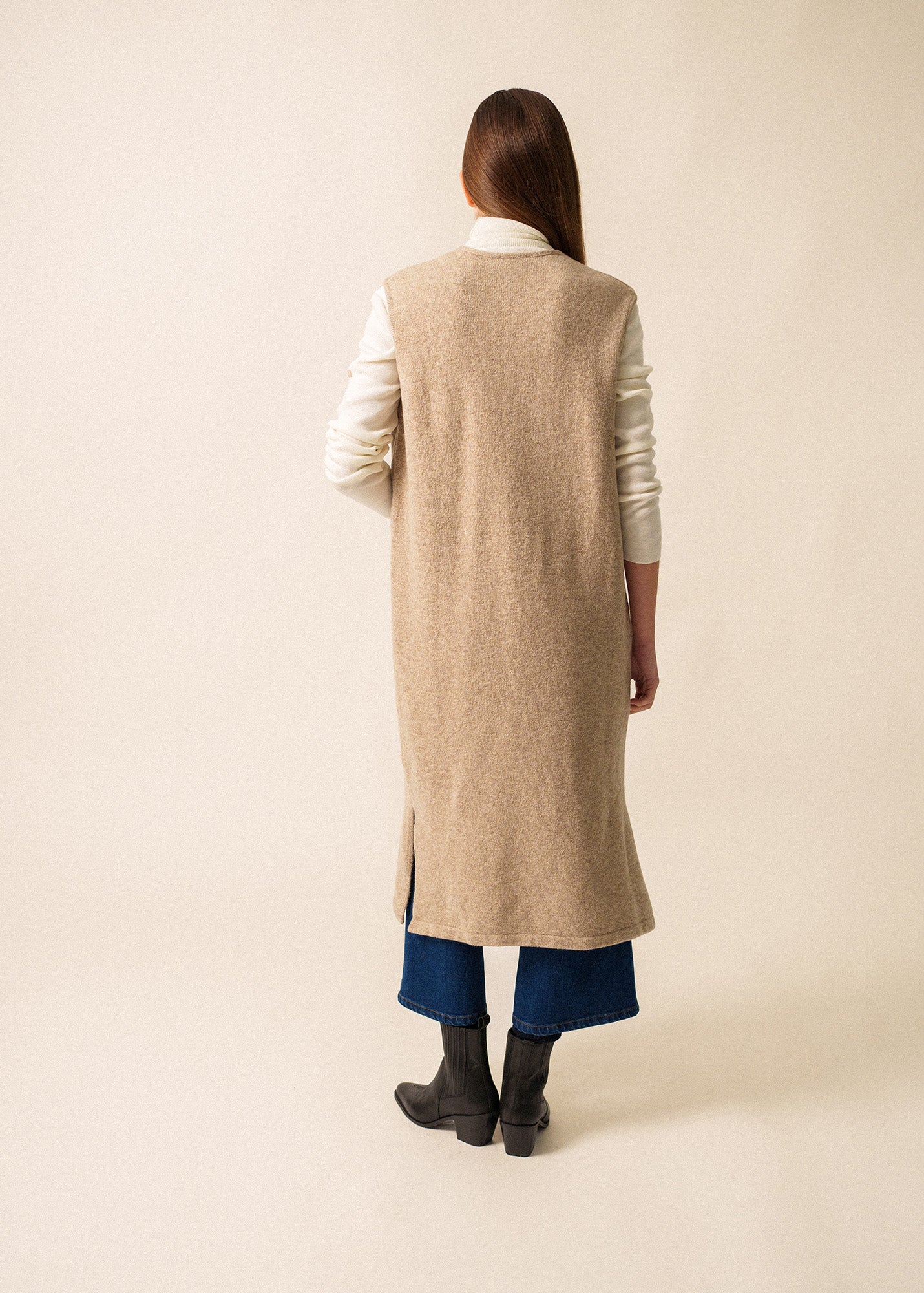Saint James GENEVE - Long Open Knit Vest in Wool Blend (BEIGE)