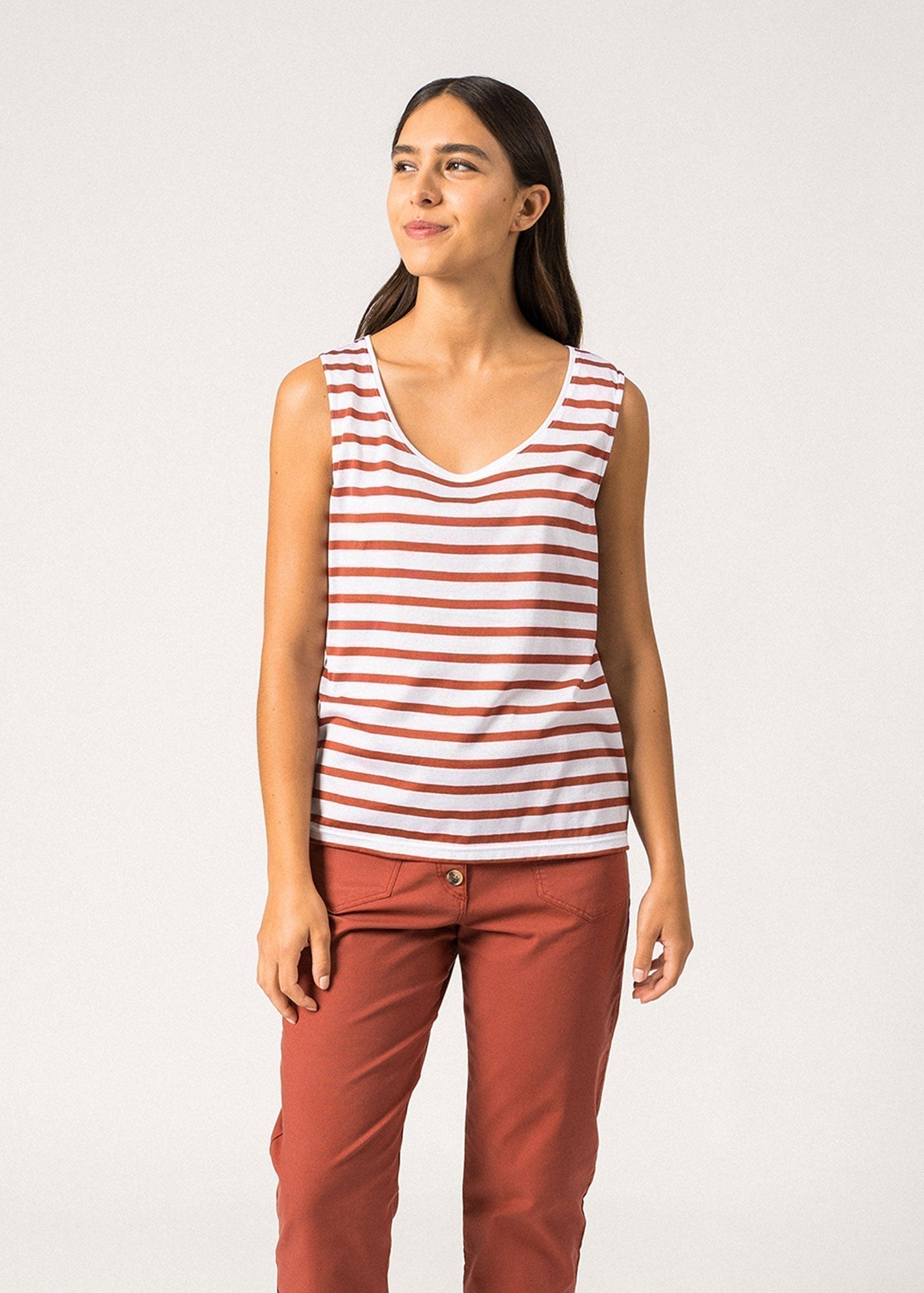 Saint James Gassin Striped Cotton Tank Top Slim Fit White Terracotta