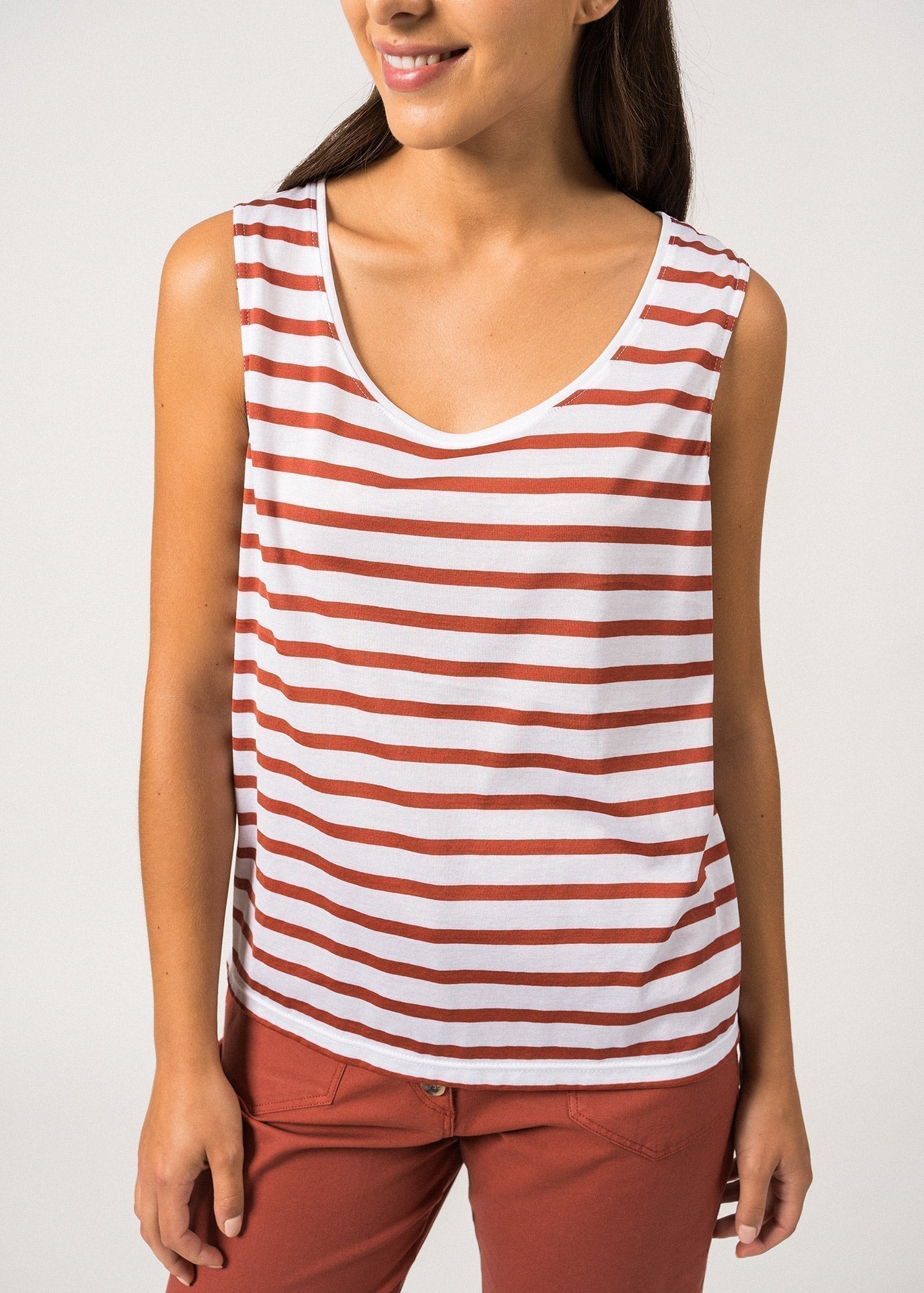 Saint James Gassin Striped Cotton Tank Top Slim Fit White Terracotta
