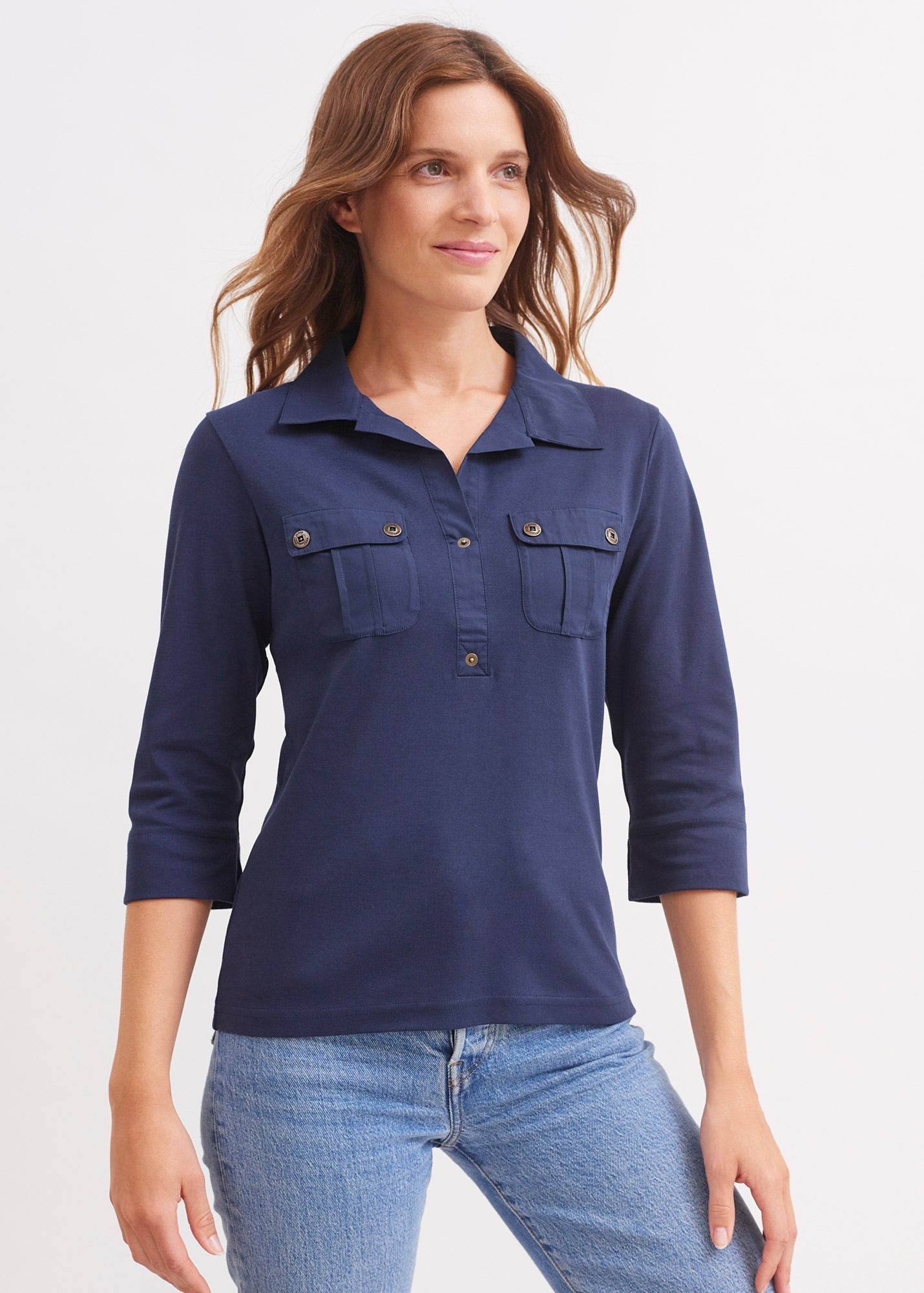 Saint James Oleron Polo Shirt With ¾ Sleeve 100% Cotton Comfort Fit Navy