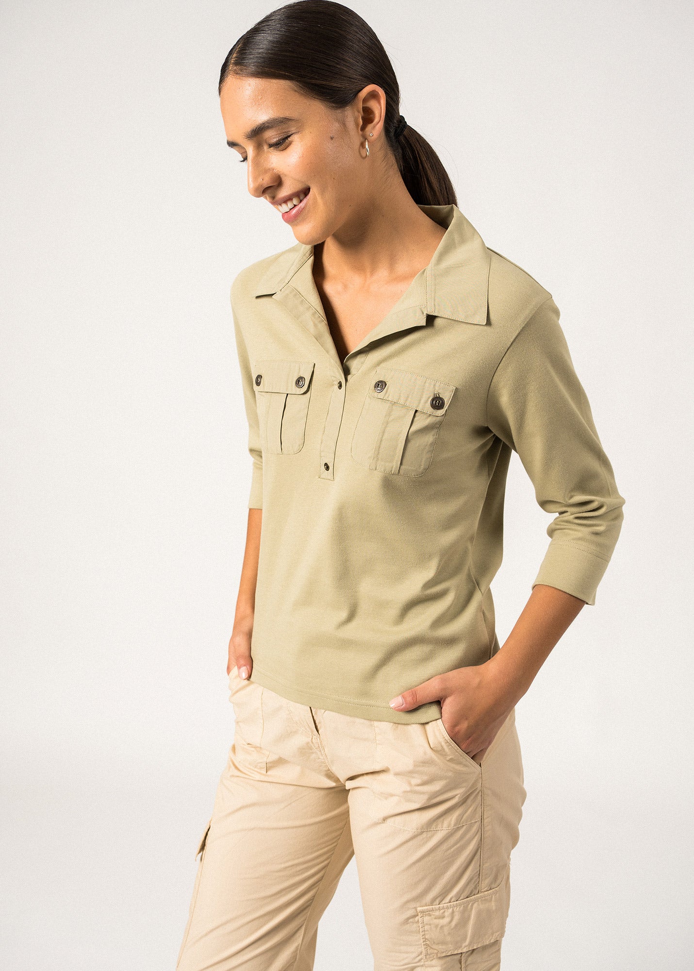 Saint James Oleron Polo Shirt With ¾ Sleeve 100% Cotton Comfort Fit Soft Almond