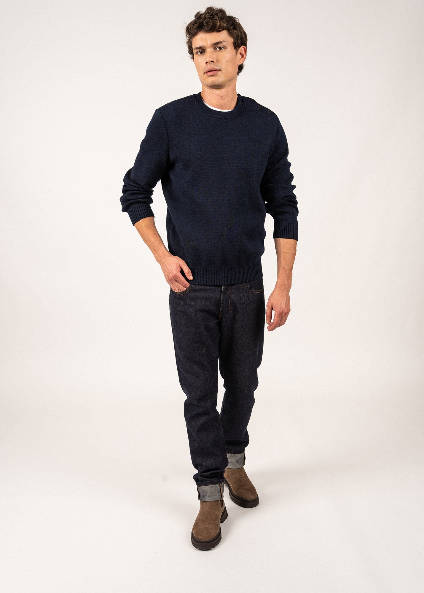 Saint James Cancale Wool Fisherman Sweater With Button Shoulder Loose Fit Dark Blue