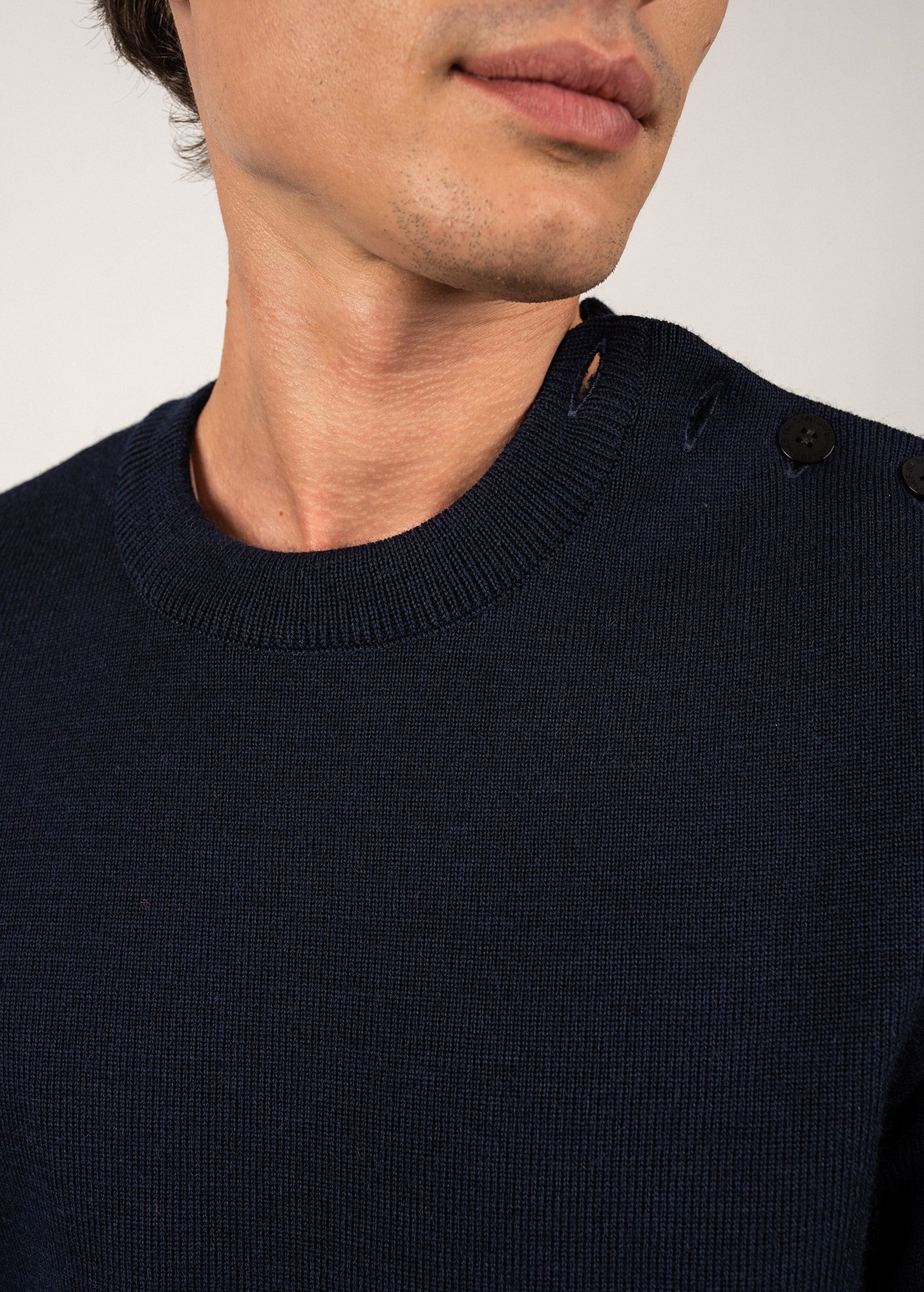 Saint James Cancale Wool Fisherman Sweater With Button Shoulder Loose Fit Dark Blue