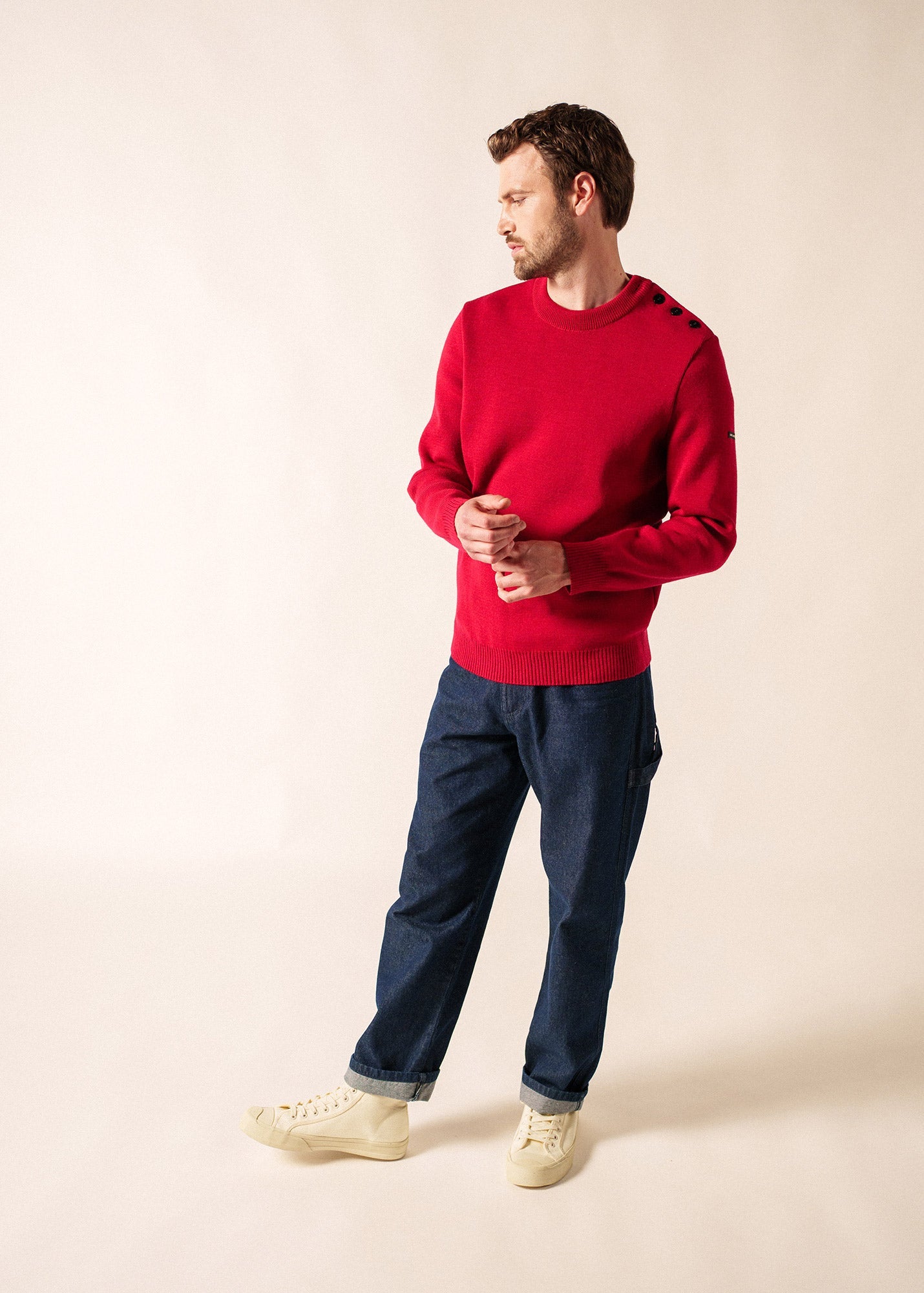 Saint James Cancale Wool Fisherman Sweater With Button Shoulder Loose Fit Red