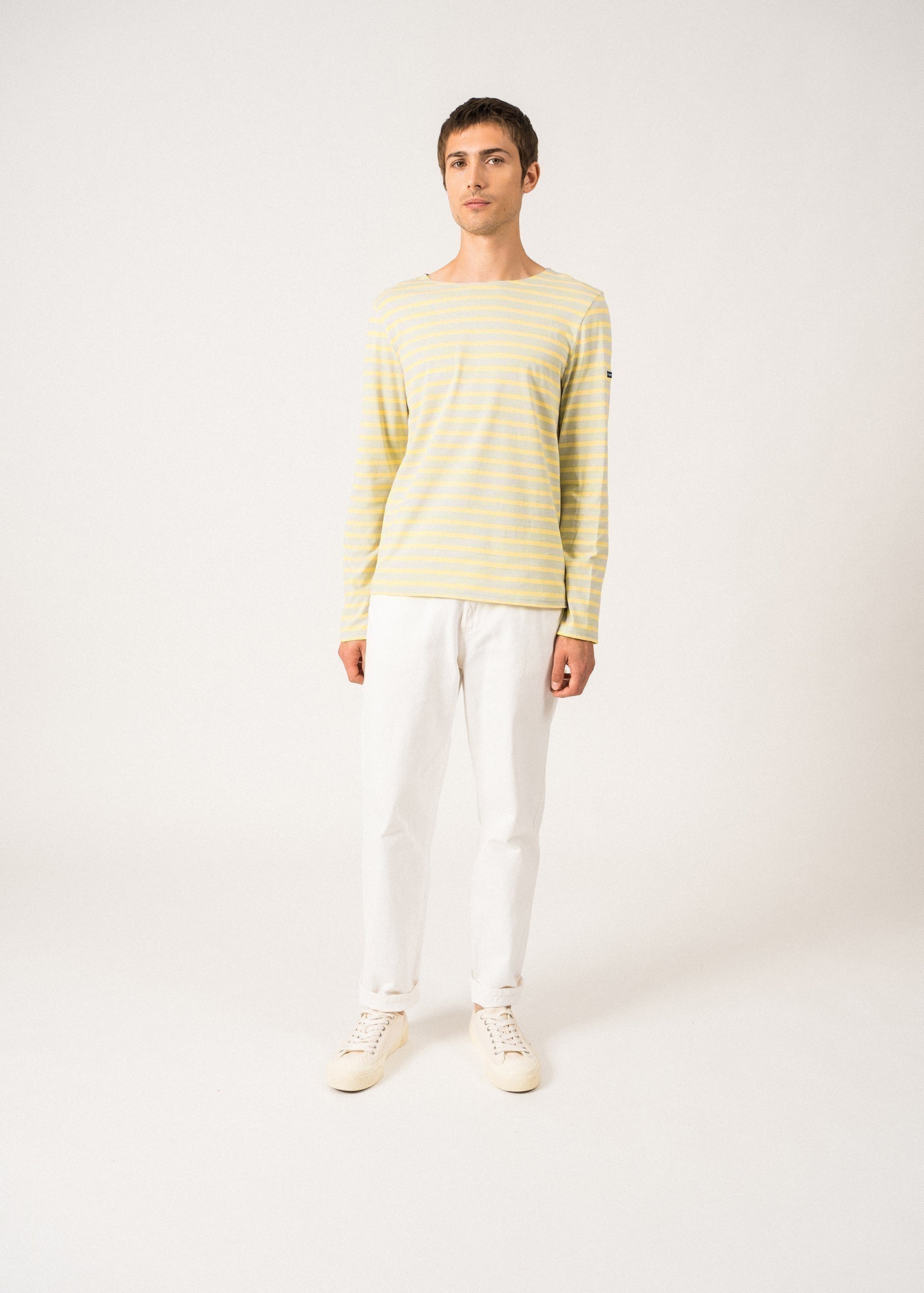 Saint James Minquiers Modern Authentic Breton Stripe Shirt Soft Cotton Men Fit Light Gray Yellow
