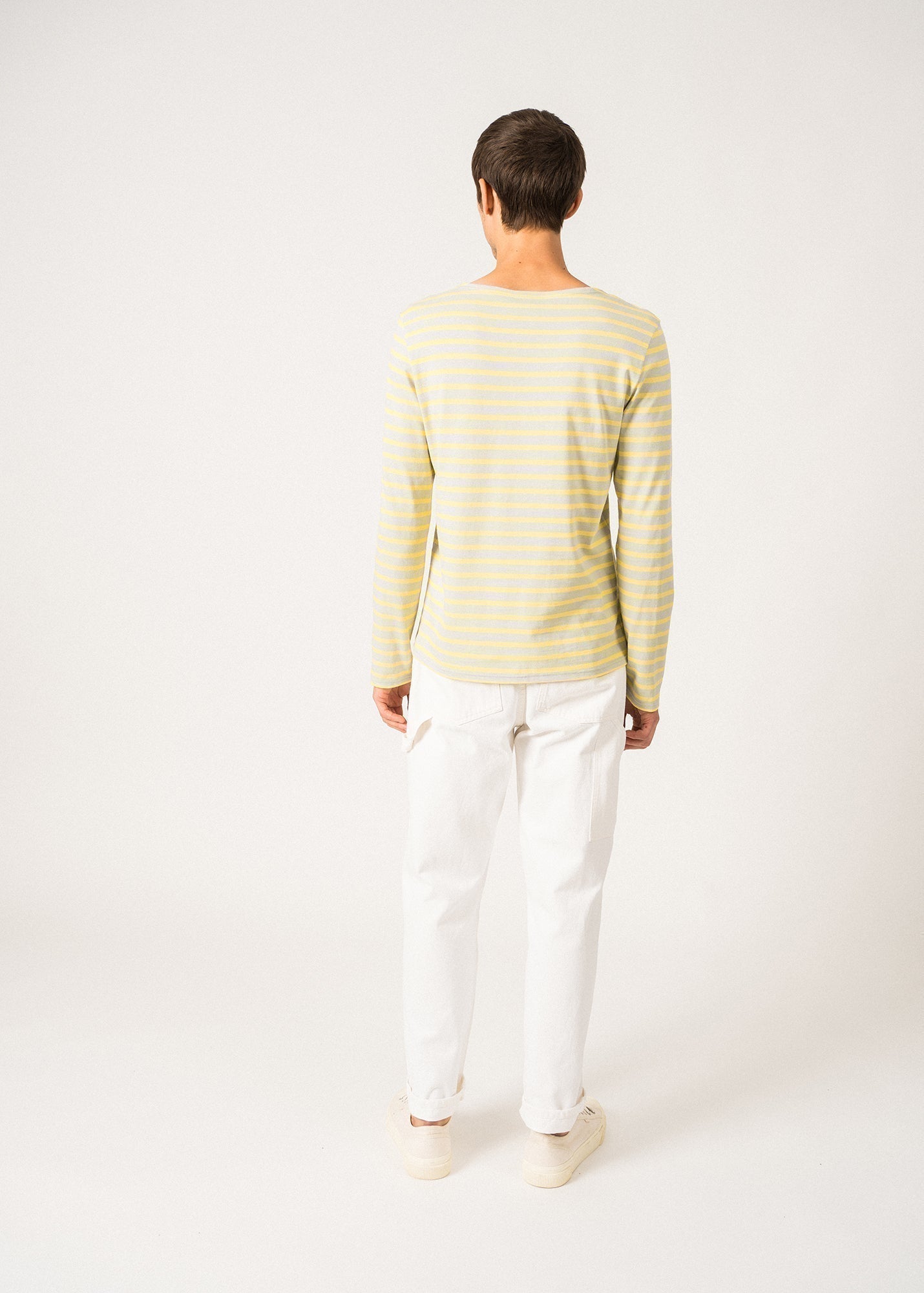 Saint James Minquiers Modern Authentic Breton Stripe Shirt Soft Cotton Men Fit Light Gray Yellow