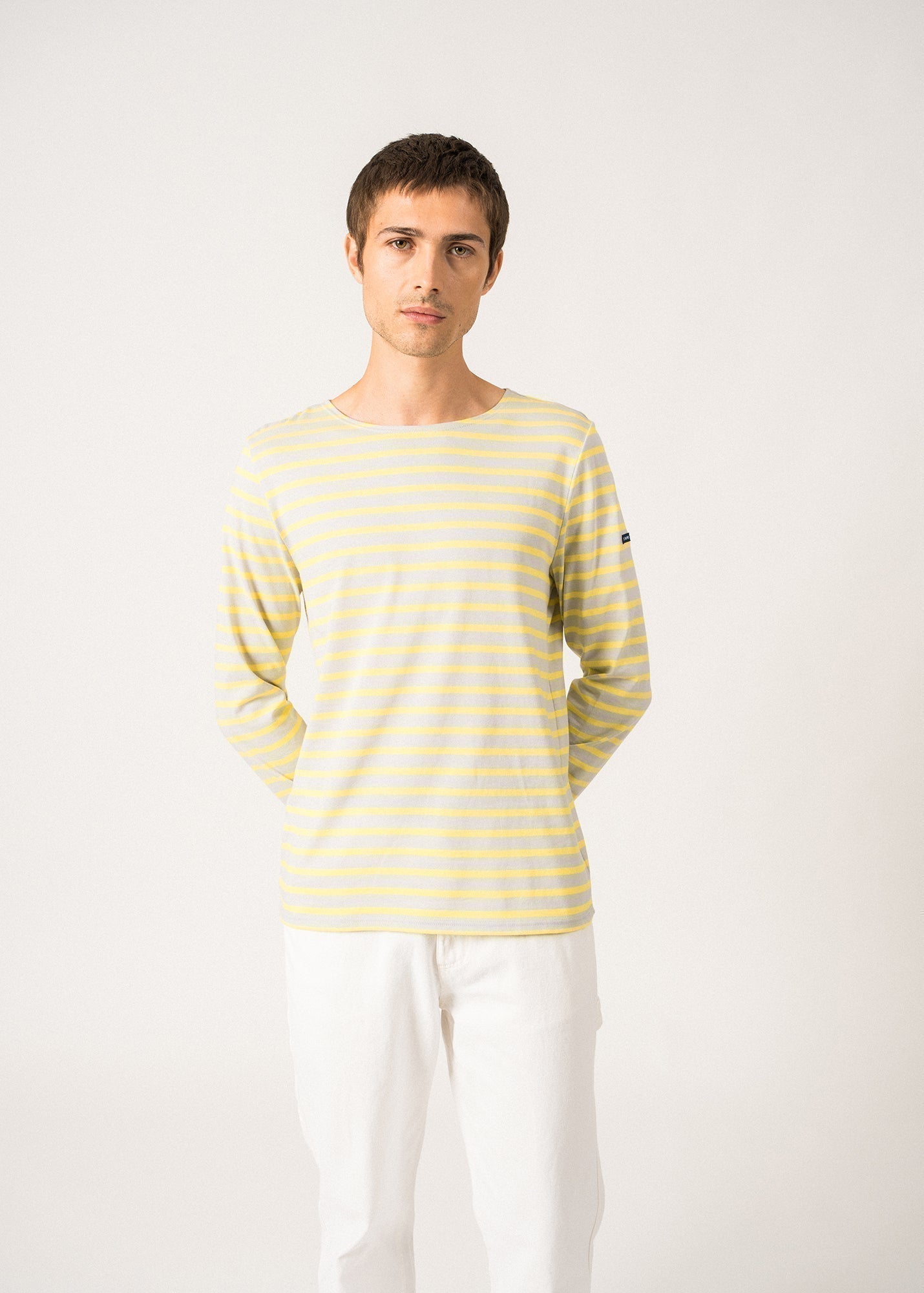 Saint James Minquiers Modern Authentic Breton Stripe Shirt Soft Cotton Men Fit Light Gray Yellow