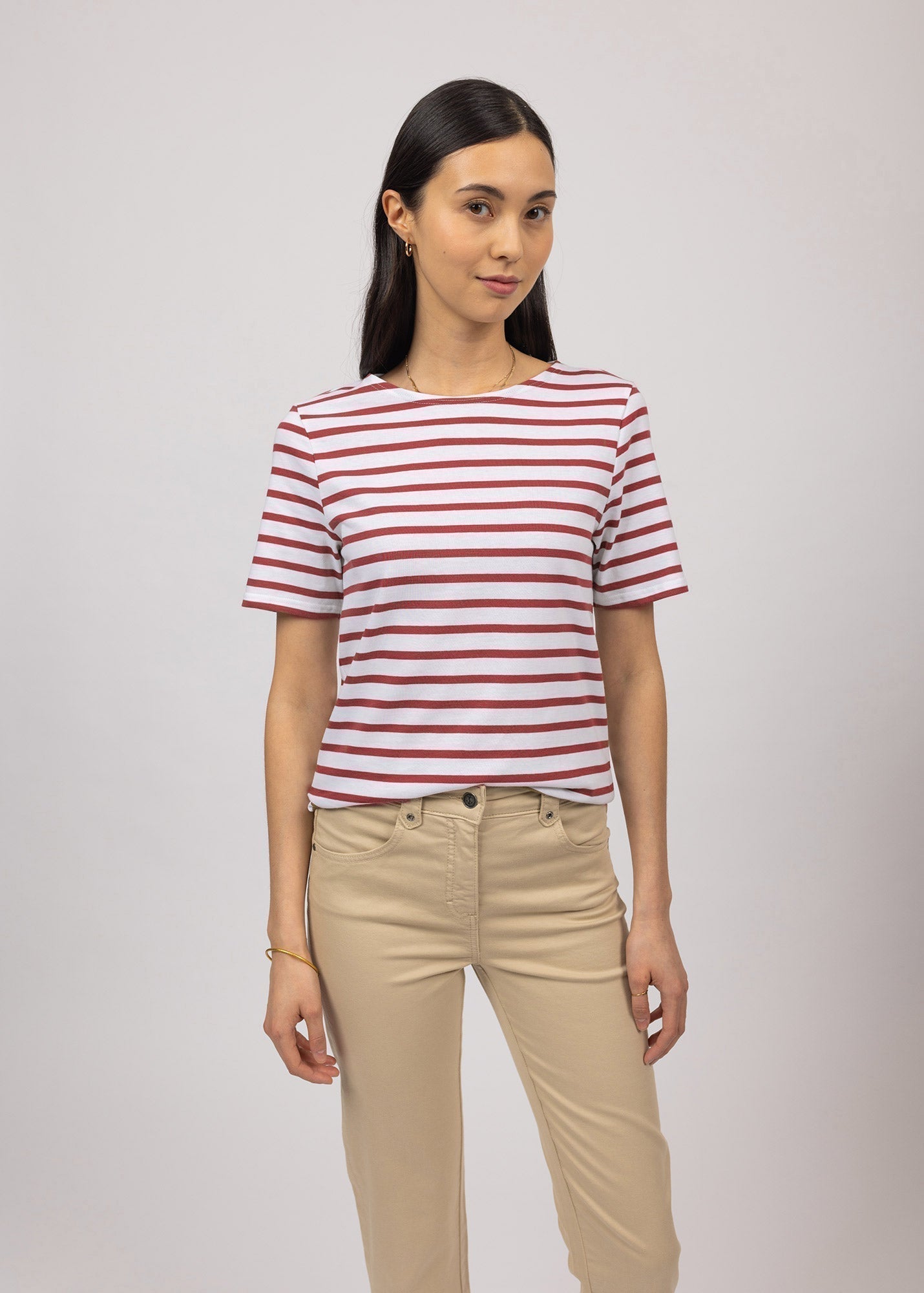 Saint James Levant Modern Breton Stripe Short Sleeve Shirt Soft Cotton Unisex Fit White Terracotta