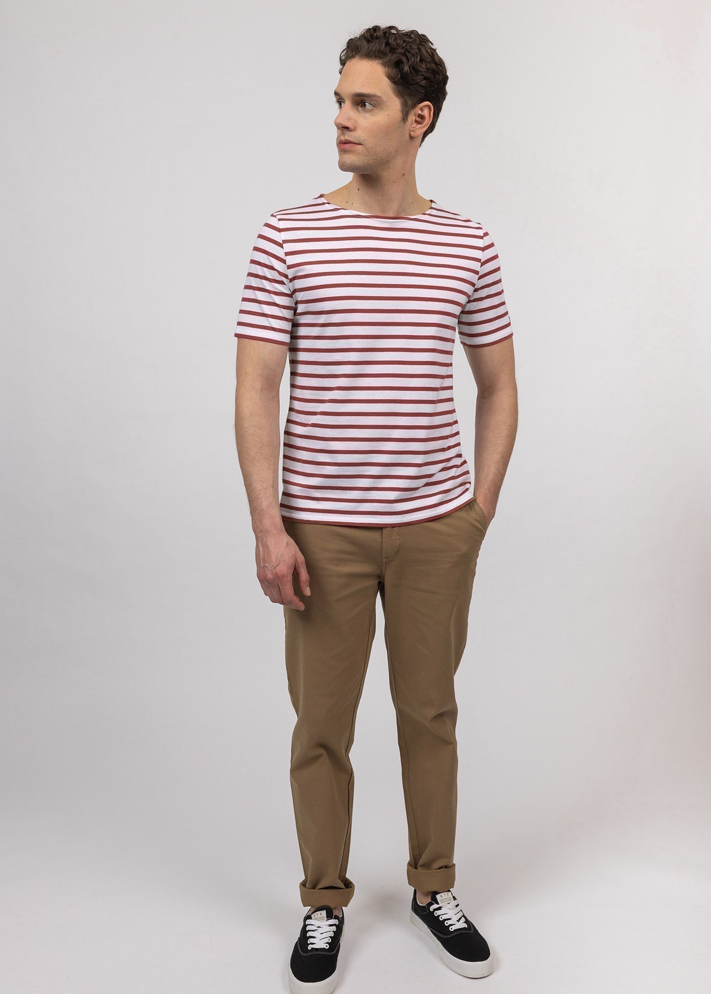 Saint James Levant Modern Breton Stripe Short Sleeve Shirt Soft Cotton Unisex Fit White Terracotta