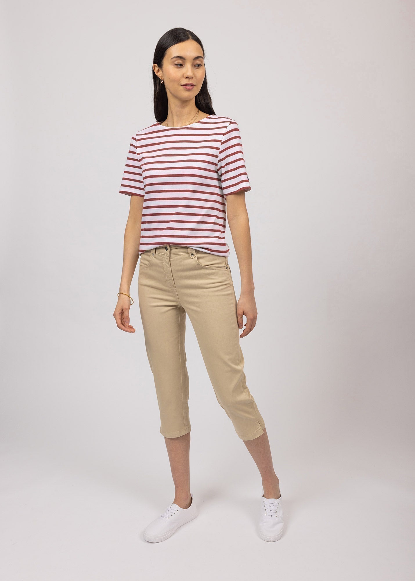 Saint James Levant Modern Breton Stripe Short Sleeve Shirt Soft Cotton Unisex Fit White Terracotta