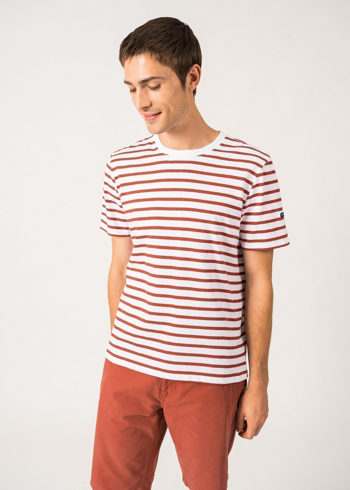 Saint James Plouider Breton T Shirt For Men Crew Neck 100% Cotton White Terracotta