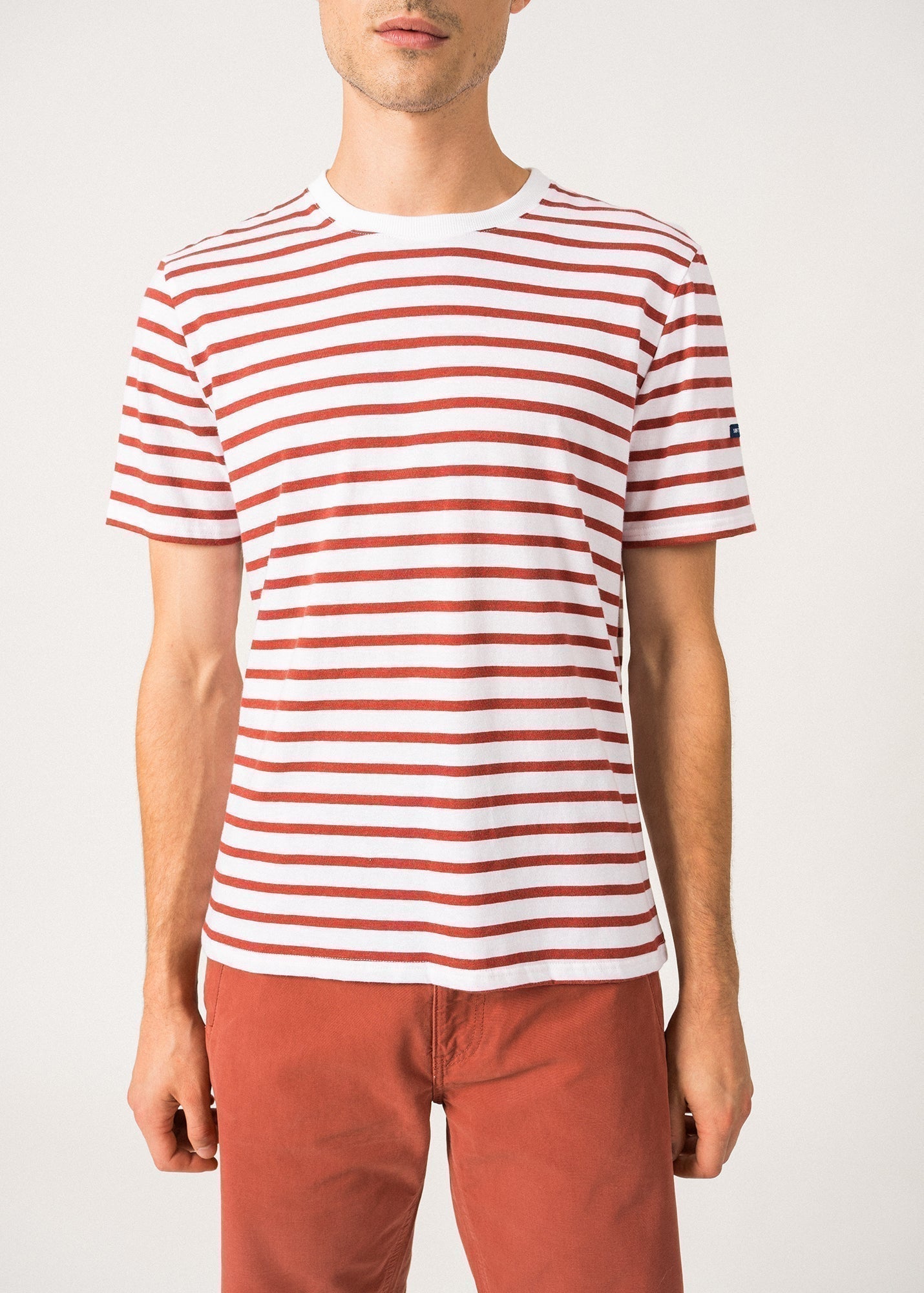 Saint James Plouider Breton T Shirt For Men Crew Neck 100% Cotton White Terracotta