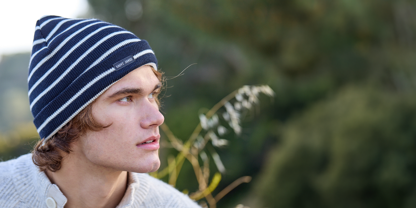 Saint James Cartier Nautical Striped Wool Blend Beanie Navy Ivory