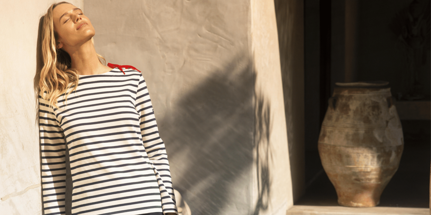 Saint James Cavalaire Breton Striped Shirt With Lace Detail For Women Heavyweight Cotton Ecru Navy Red