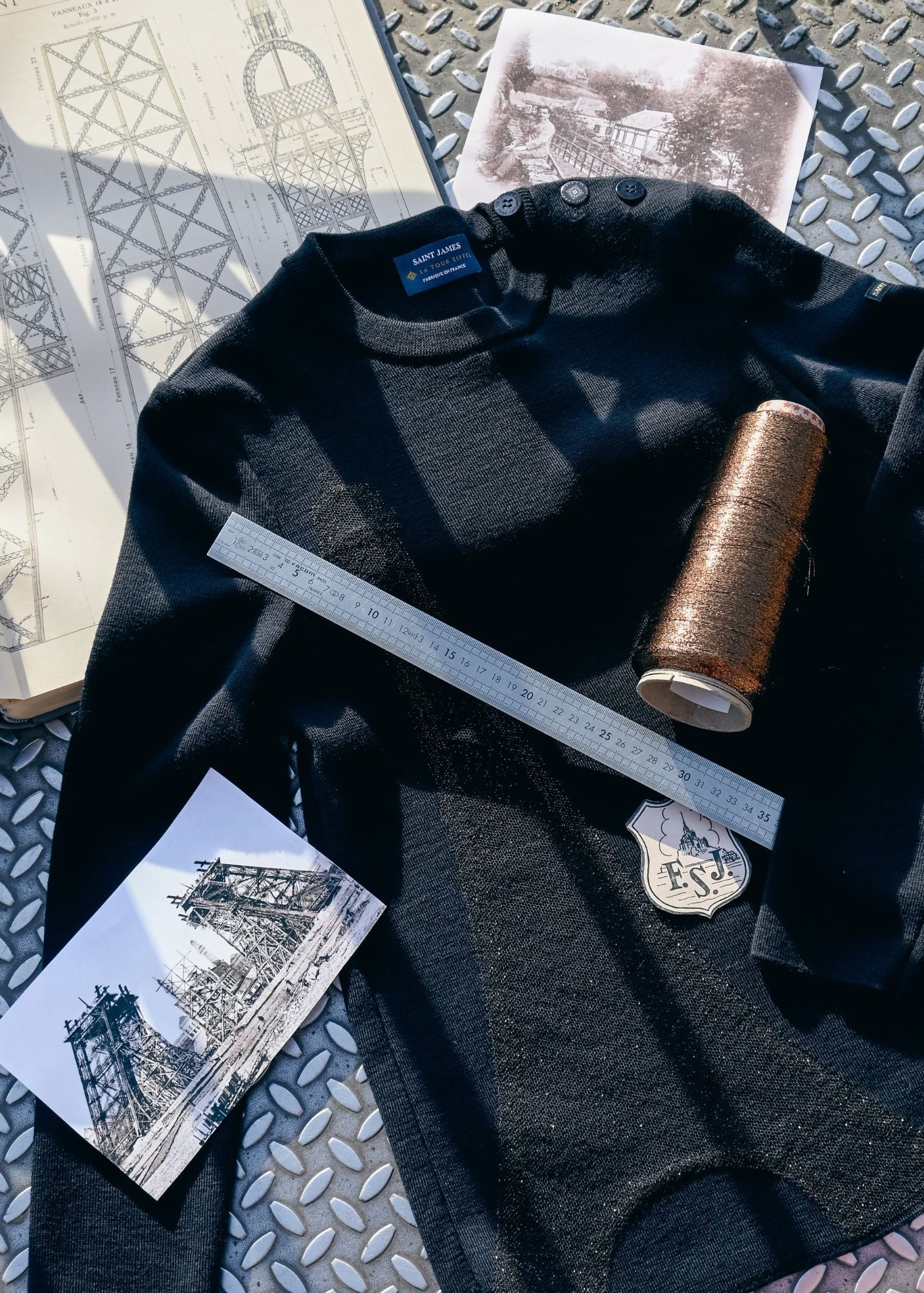 Saint James Bregancon Eiffel Breton Sweater With Lurex Eiffel Tower Motif Navy Bronze
