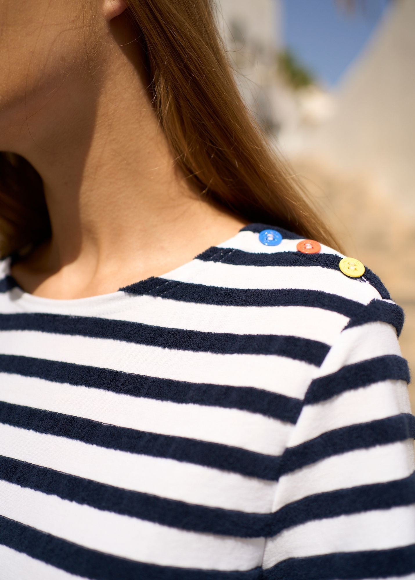 Saint James Ollioules Short Sleeved Breton Tee With Bouclé Stripes And Colored Shoulder Buttons Soft Cotton Women Comfort Fit White Navy