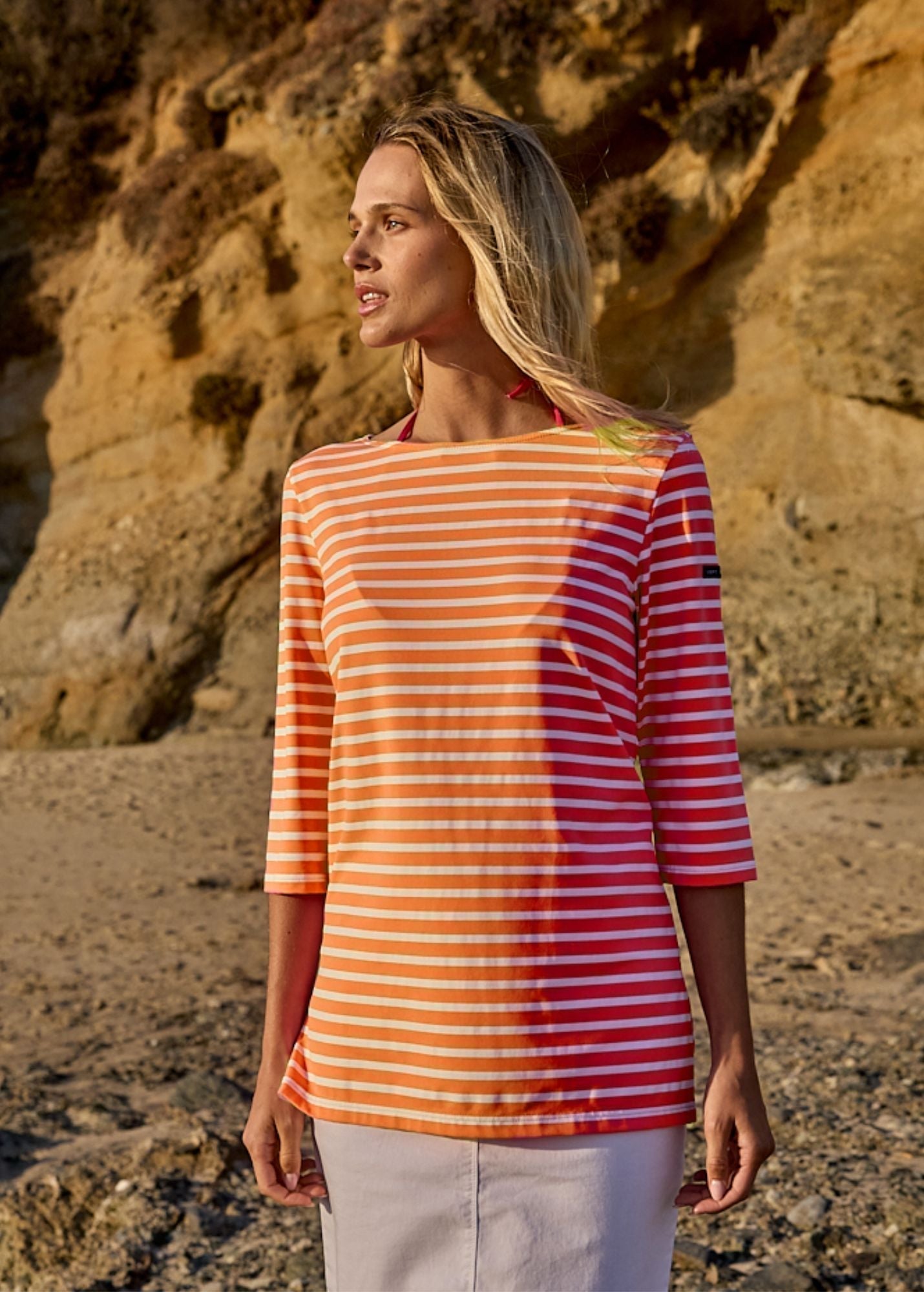 Saint James Phare Boat Neck Striped Tunic With Slits Stretch Fabric With Uv Protection Orange White